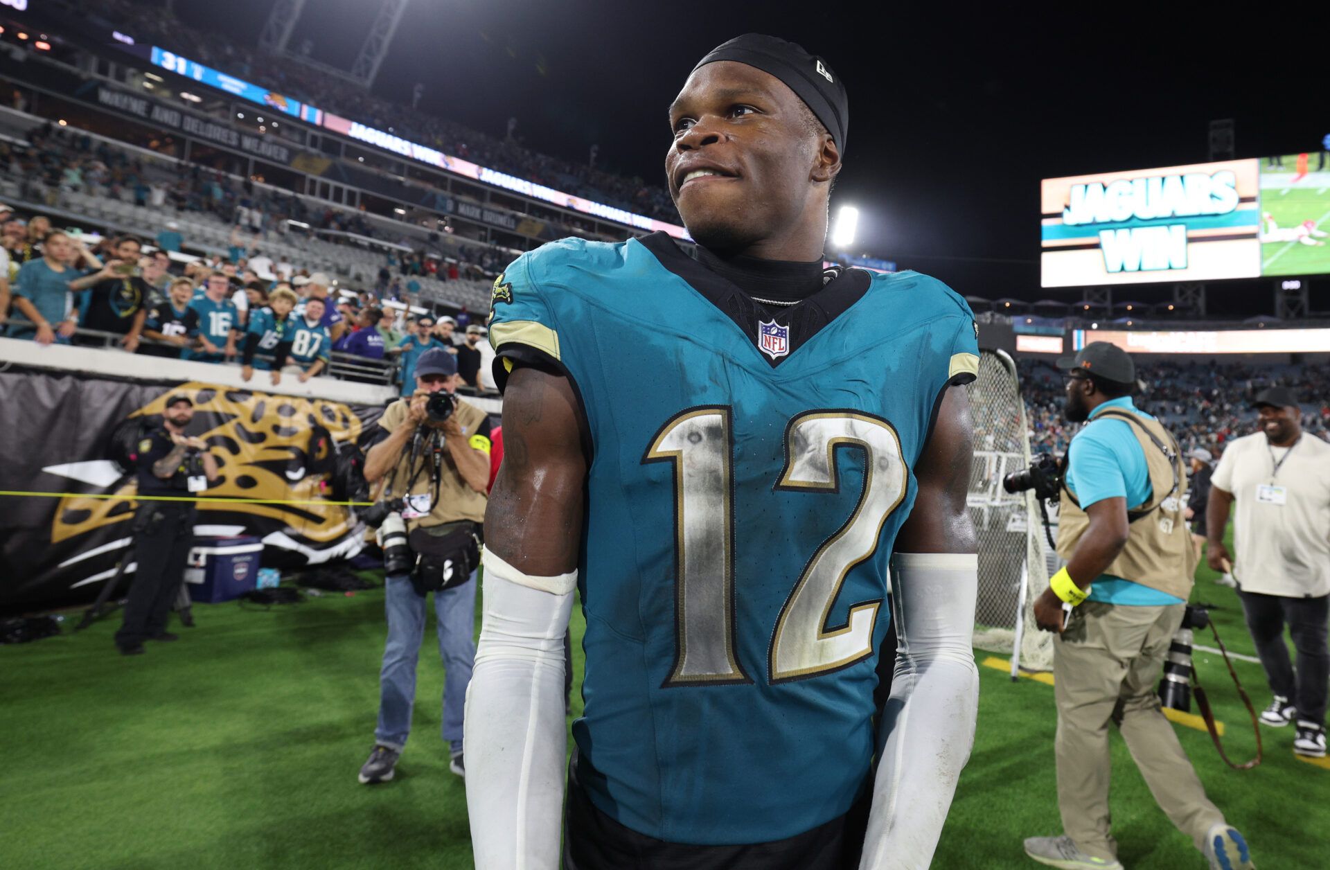 Jacksonville Jaguars wide receiver Travis Hunter (12) reacts after defeating the Kansas City Chiefs at EverBank Stadium.