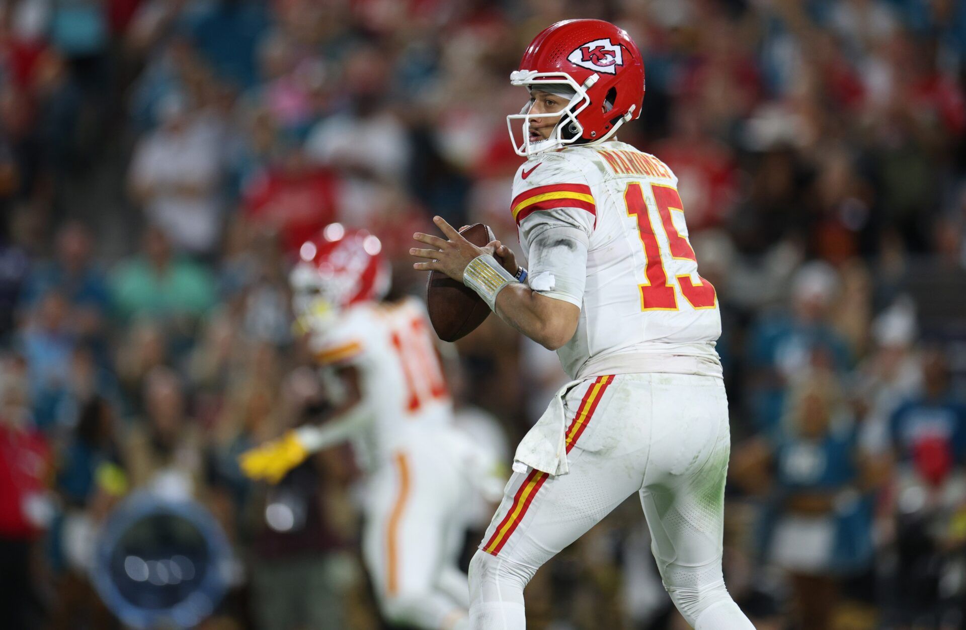 Kansas City Chiefs quarterback Patrick Mahomes (15) drops to throw during the second half against the Jacksonville Jaguars at EverBank Stadium.