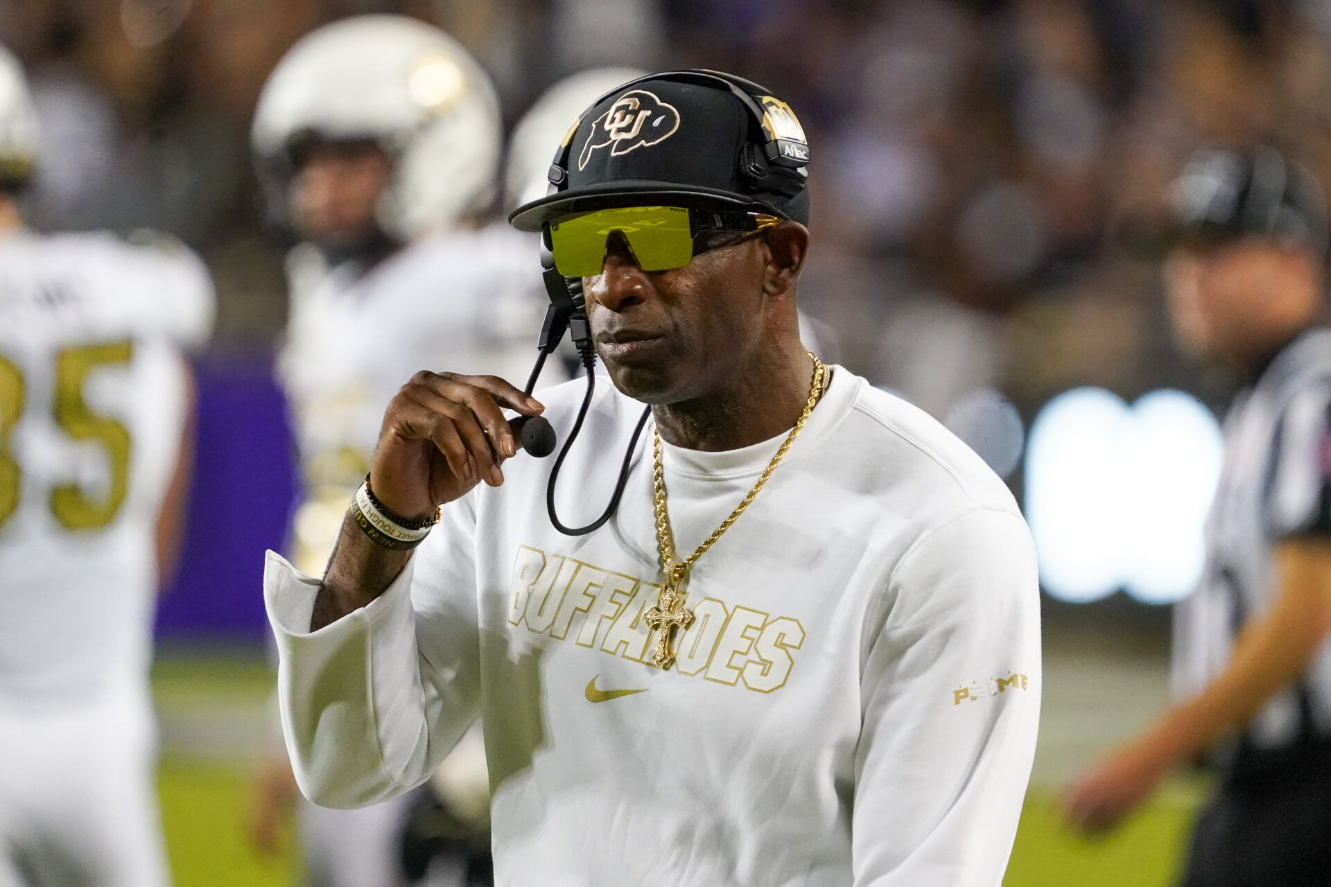 Colorado Buffaloes head coach Deion Sanders on the sidelines during the first half against the TCU Horned Frogs at Amon G. Carter Stadium.