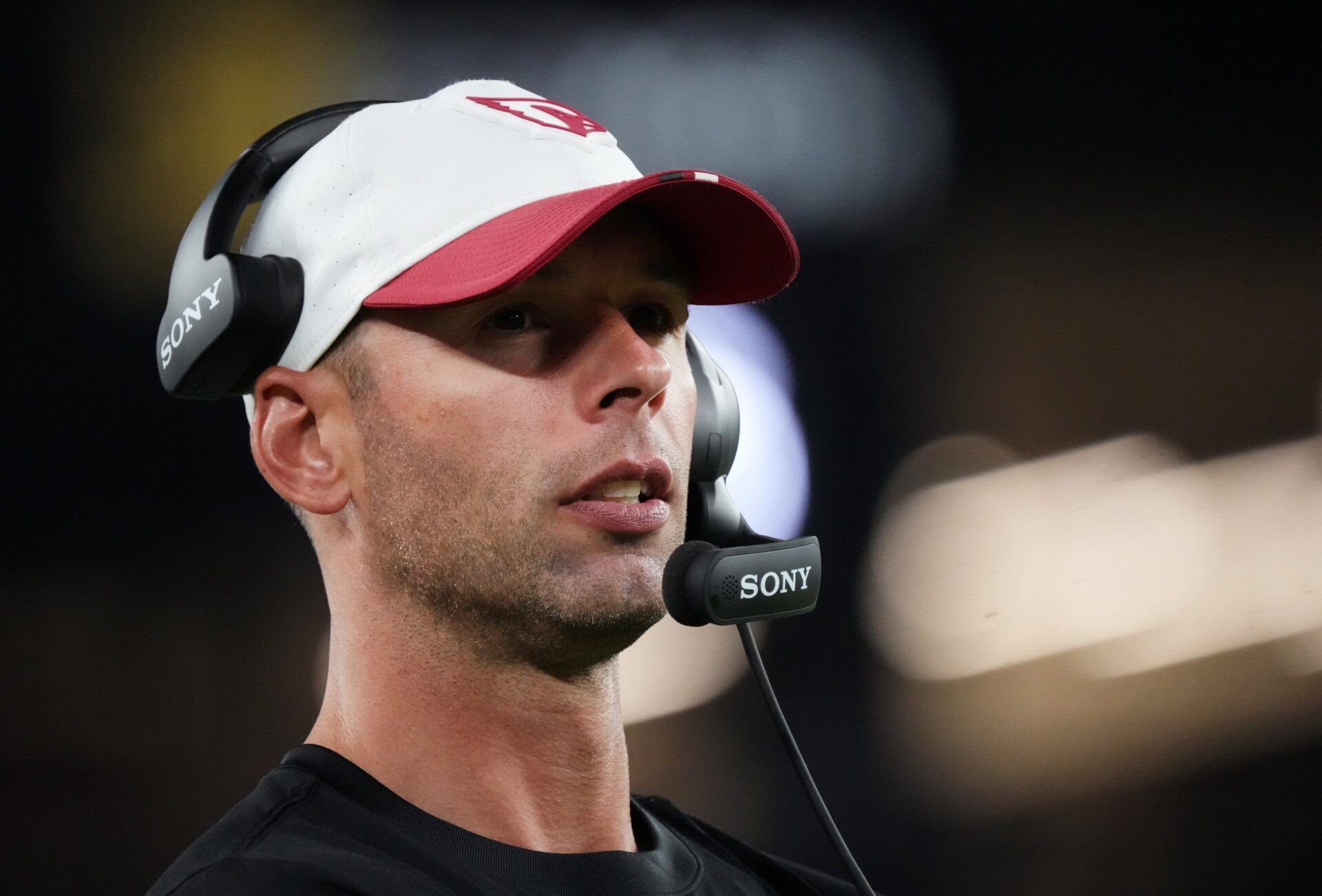 Arizona Cardinals head coach Jonathan Gannon watches from the sidelines as they play against the Las Vegas Raiders at State Farm Stadium in Glendale, on Aug. 23, 2025.