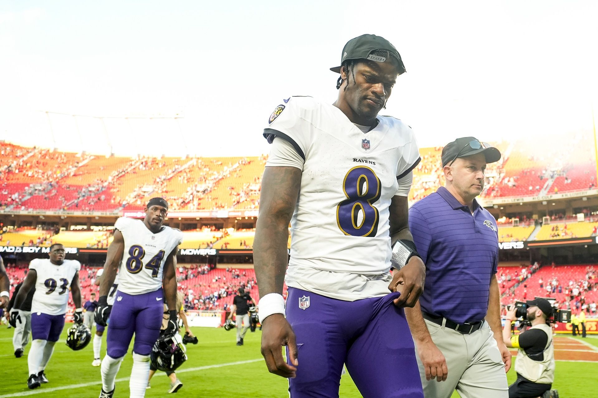Baltimore Ravens quarterback Lamar Jackson (8) leaves the field after a game against the Kansas City Chiefs at GEHA Field at Arrowhead Stadium.