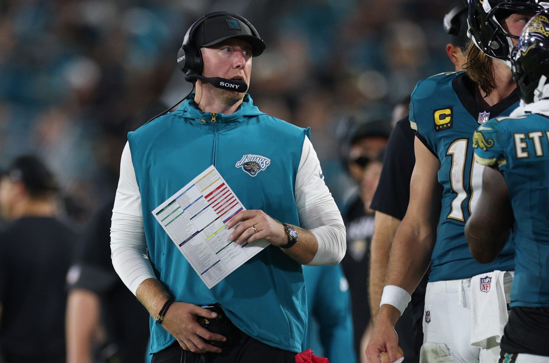 Jacksonville Jaguars head coach Liam Coen during the second half against the Kansas City Chiefs at EverBank Stadium.