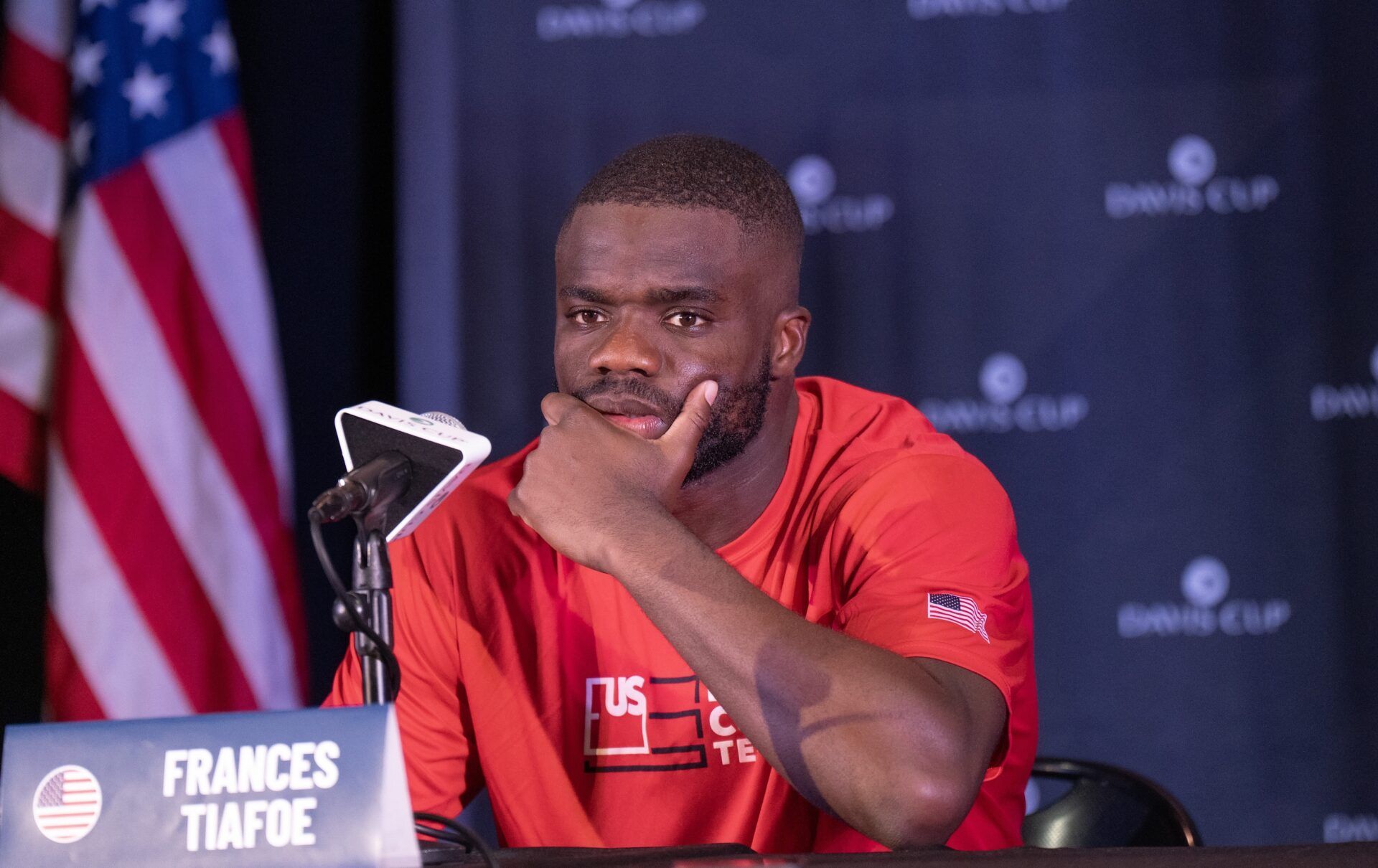 Frances Tiafoe of the United States in his press conference after losing to Jiri Lehecka of Czechia in the first rubber of the Davis Cup tie between the USA and Czechia at Delray Beach Tennis Center.