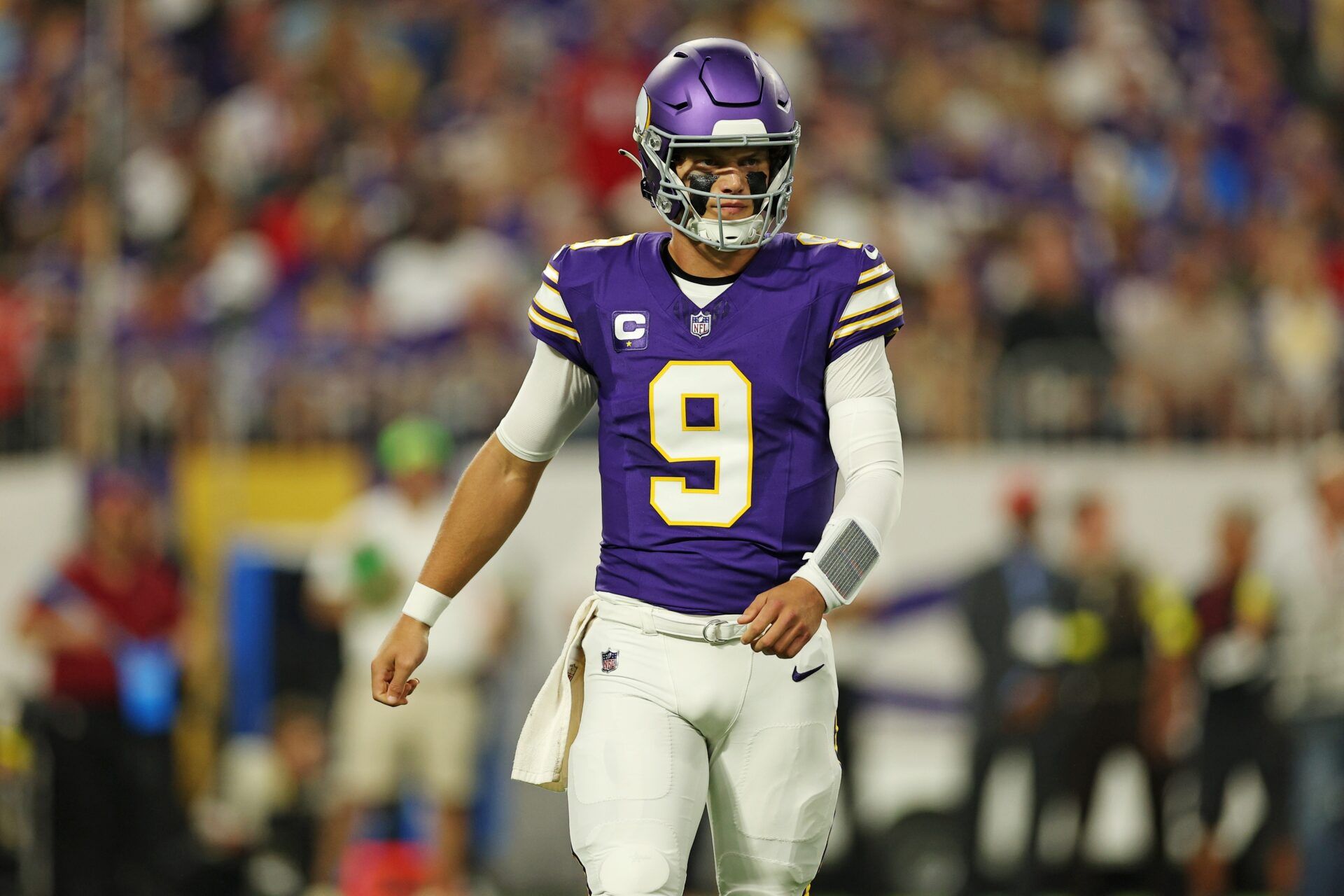Minnesota Vikings quarterback J.J. McCarthy (9) reacts after a play during the first half against the Atlanta Falcons at U.S. Bank Stadium.