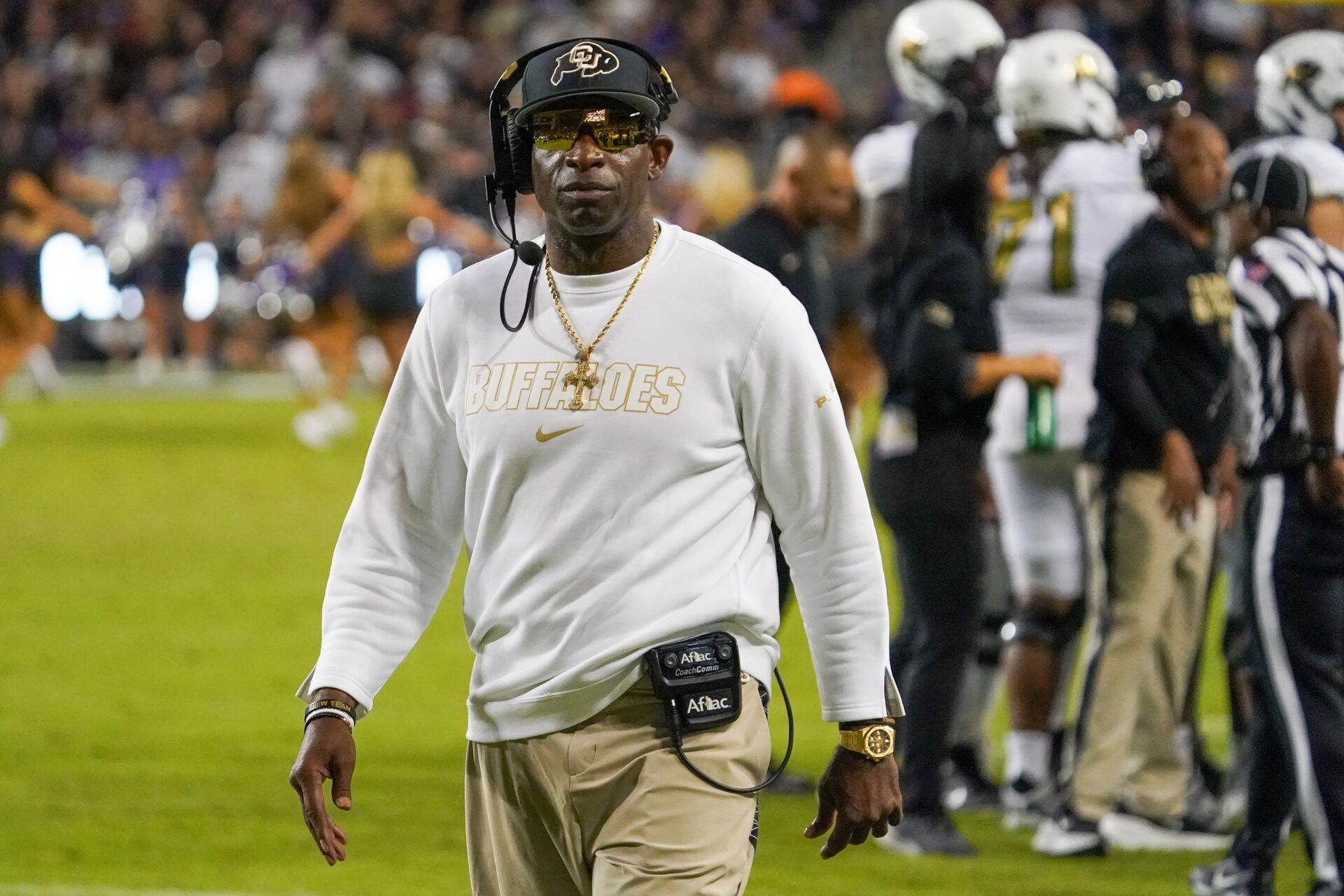 Colorado Buffaloes head coach Deion Sanders on the sidelines during the first half against the TCU Horned Frogs at Amon G. Carter Stadium.