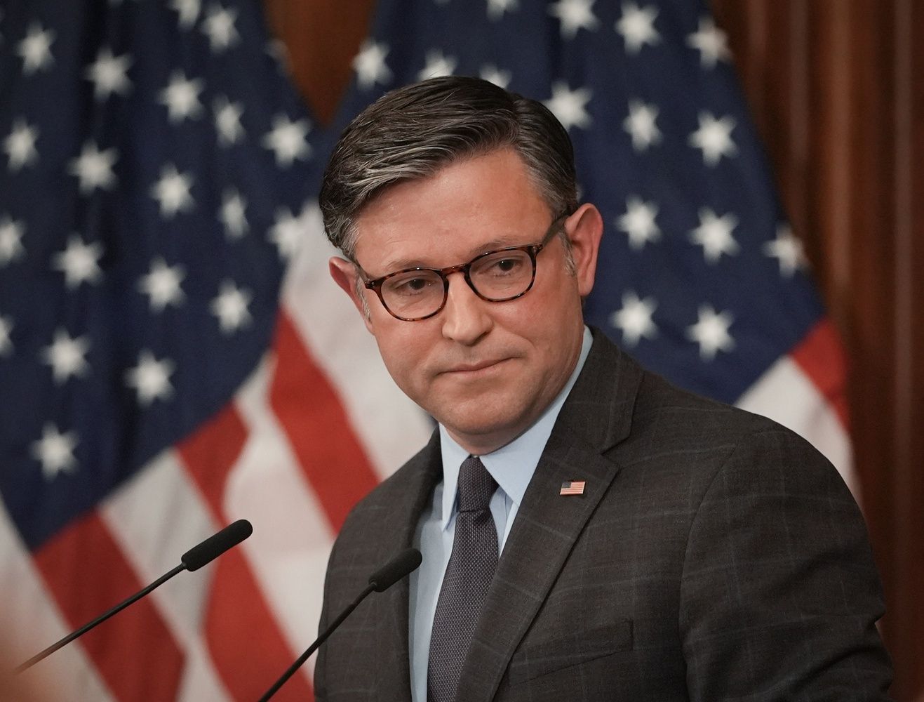 House Speaker Mike Johnson (R-LA) holding a press conference at the United States Capitol during the government shutdown now into its sixth day on October 6, 2025. The Senate is scheduled to vote on the stopgap funding bill for a fifth time on Monday, Oct. 6, 2025.