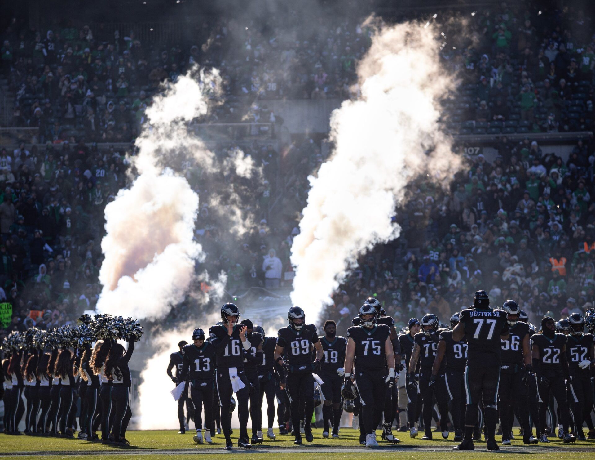The Philadelphia Eagles take the field for action against the New York Giants at Lincoln Financial Field.