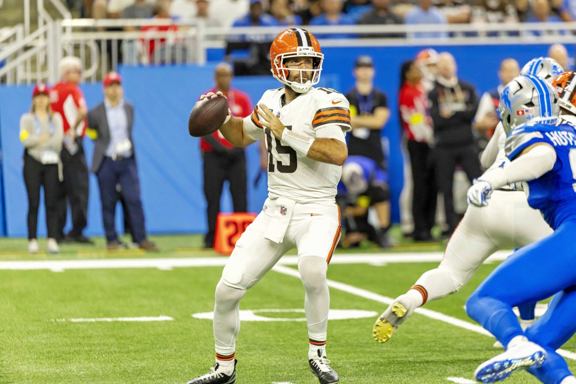 Cleveland Browns quarterback Joe Flacco (15) makes a pass during the second half against the Detroit Lions at Ford Field.