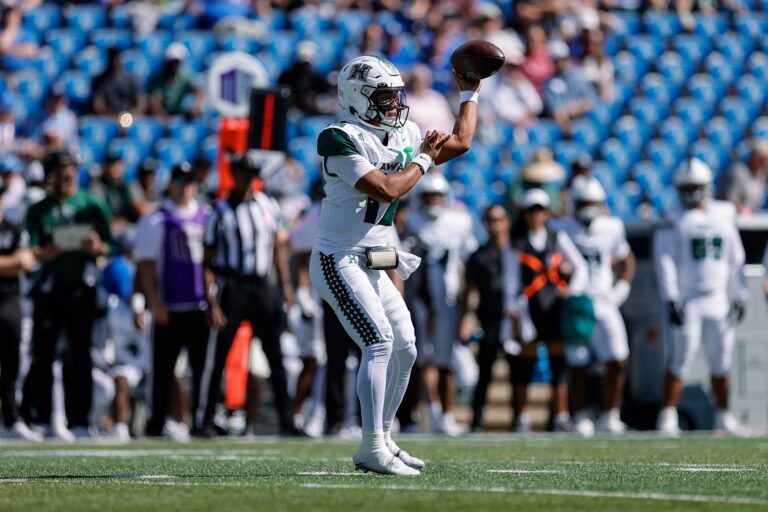 Hawaii Rainbow Warriors quarterback Micah Alejado (12) passes the ball in the first quarter against the Air Force Falcons at Falcon Stadium.