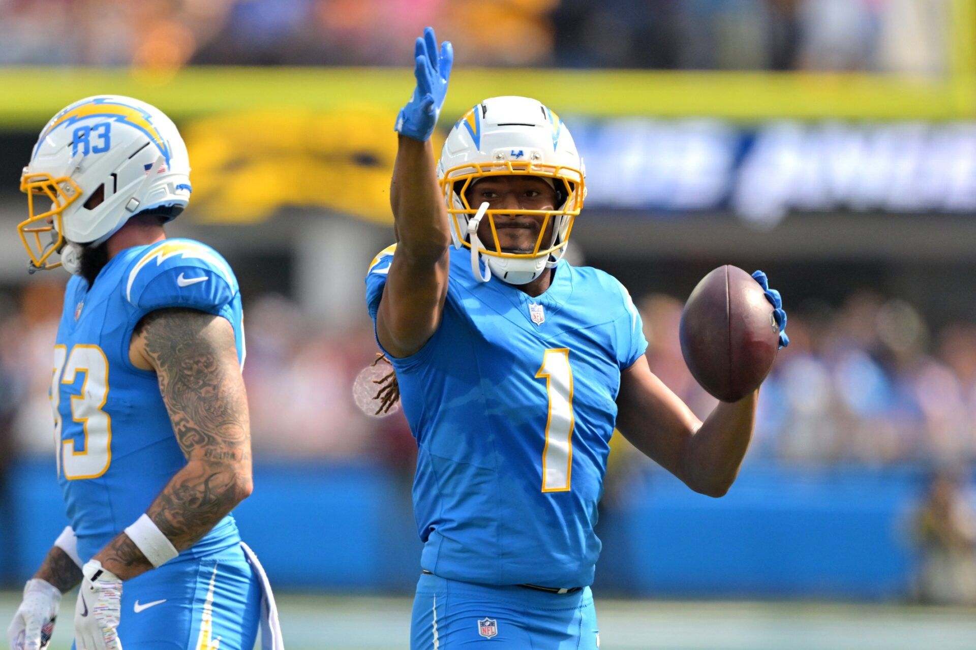 Los Angeles Chargers wide receiver Quentin Johnston (1) reacts in the first half against the Washington Commanders at SoFi Stadium.