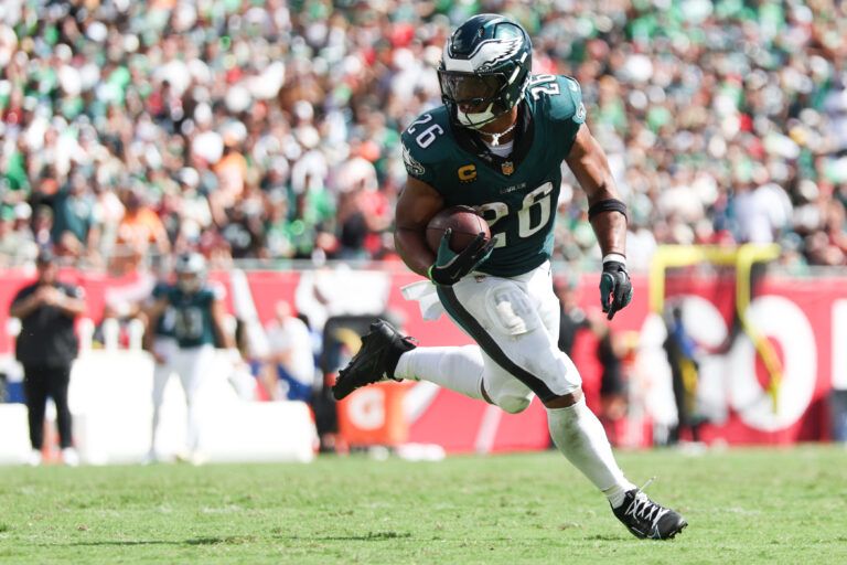 Philadelphia Eagles running back Saquon Barkley (26) runs with the ball during the third quarter against the Tampa Bay Buccaneers at Raymond James Stadium.