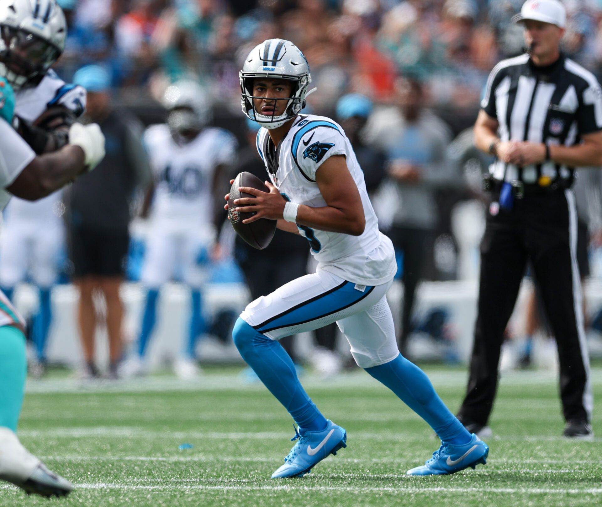 Carolina Panthers quarterback Bryce Young (9) sets up a pass during the fourth quarter against the Miami Dolphins at Bank of America Stadium.