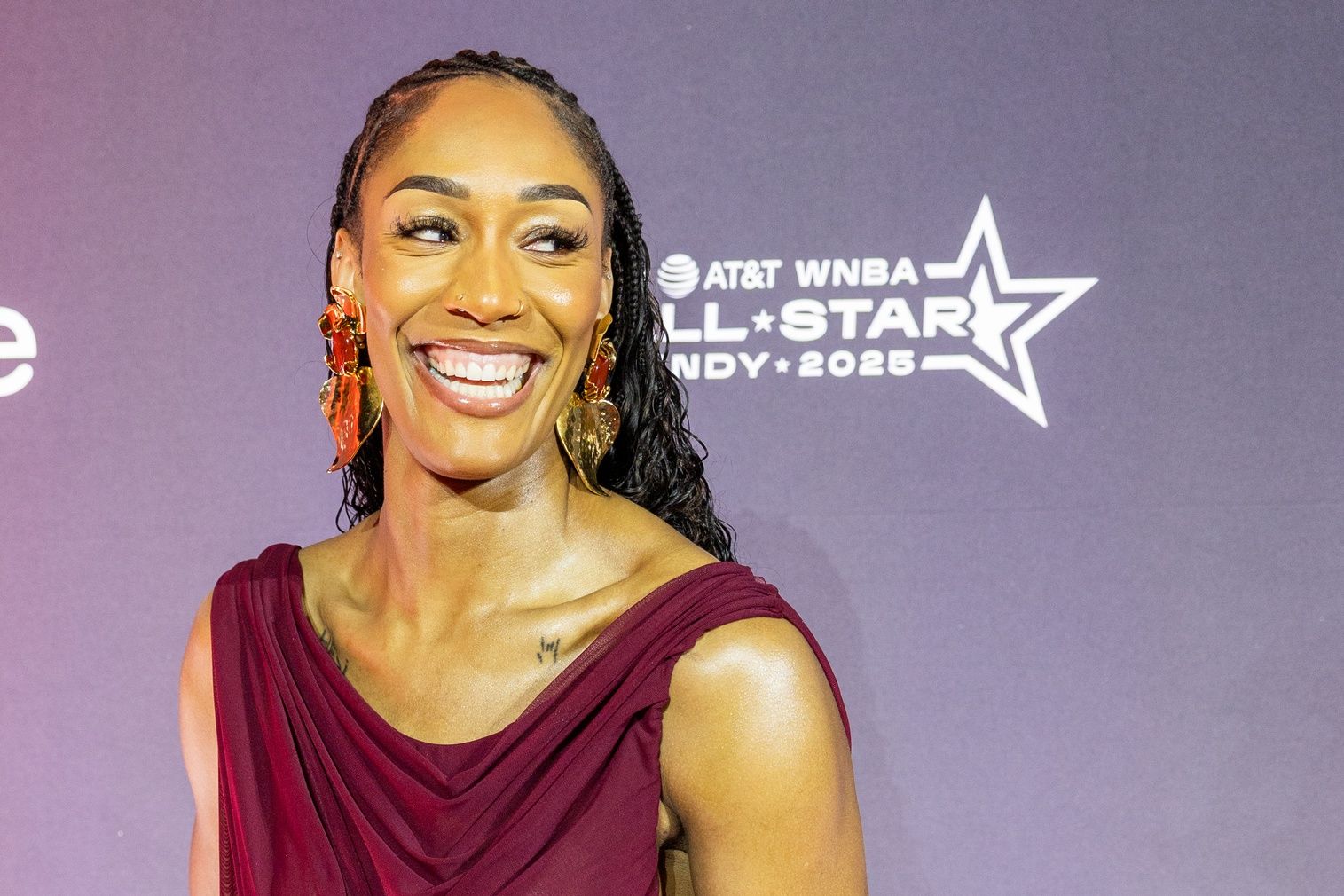 A’ja Wilson arrives on the Orange Carpet to start the 2025 WNBA All-Star weekend at Indiana Convention Center.