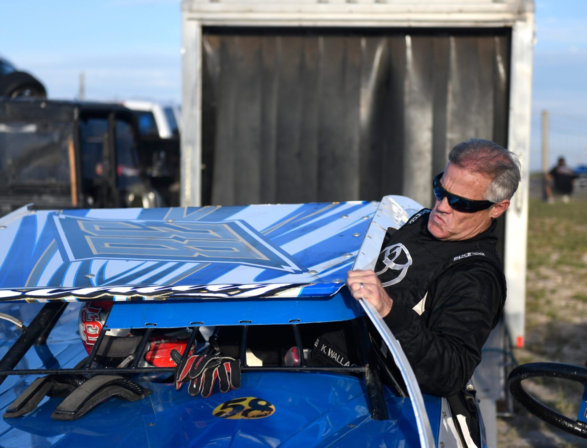 Former NASCAR driver Kenny Wallace gets into his car, Wednesday, Oct. 7, 2020, in Bishop. The event promotes youth go-cart racing.