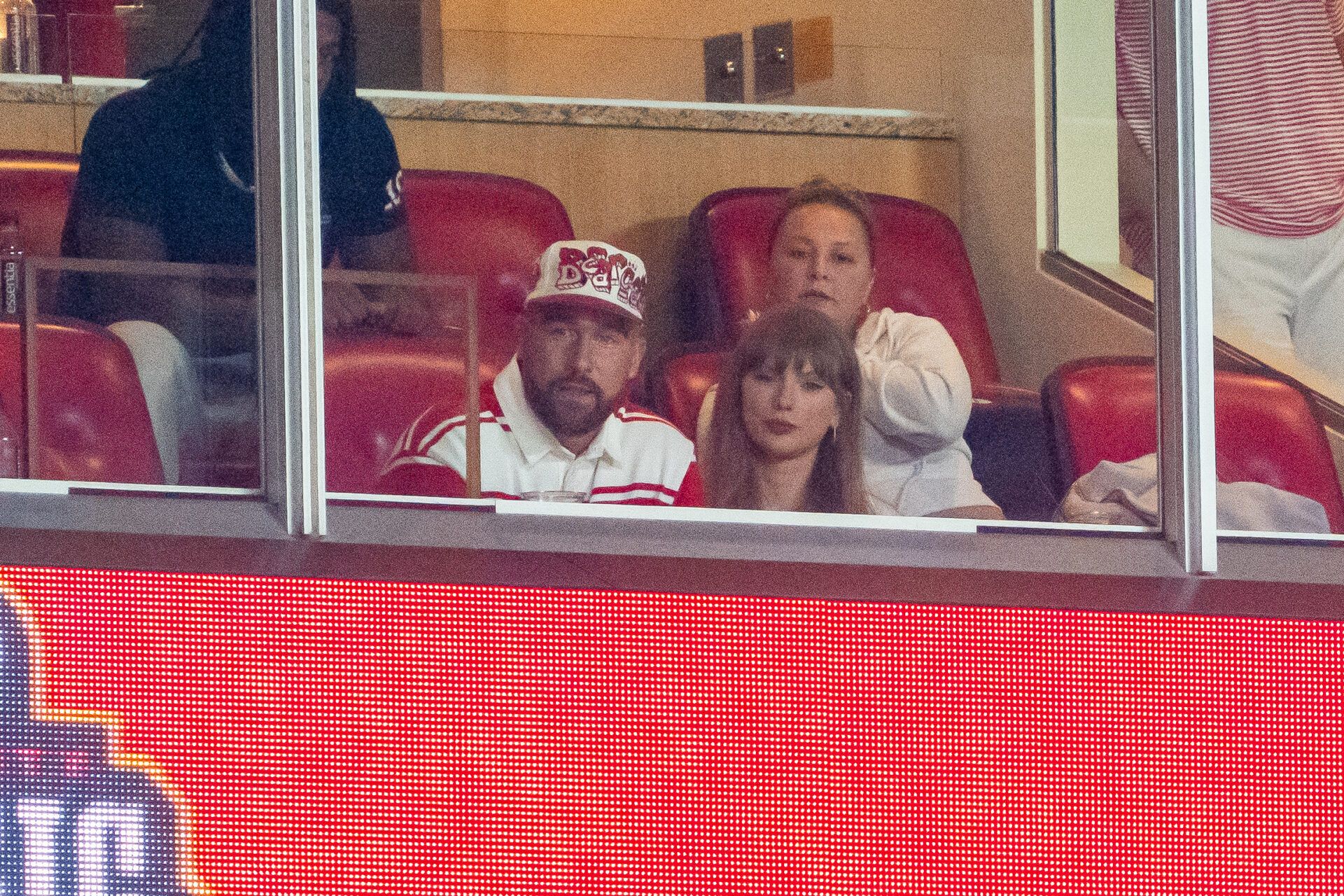 Travis Kelce and Taylor Swift during the fourth quarter between the Cincinnati Bearcats and the Nebraska Cornhuskers at GEHA Field at Arrowhead Stadium.