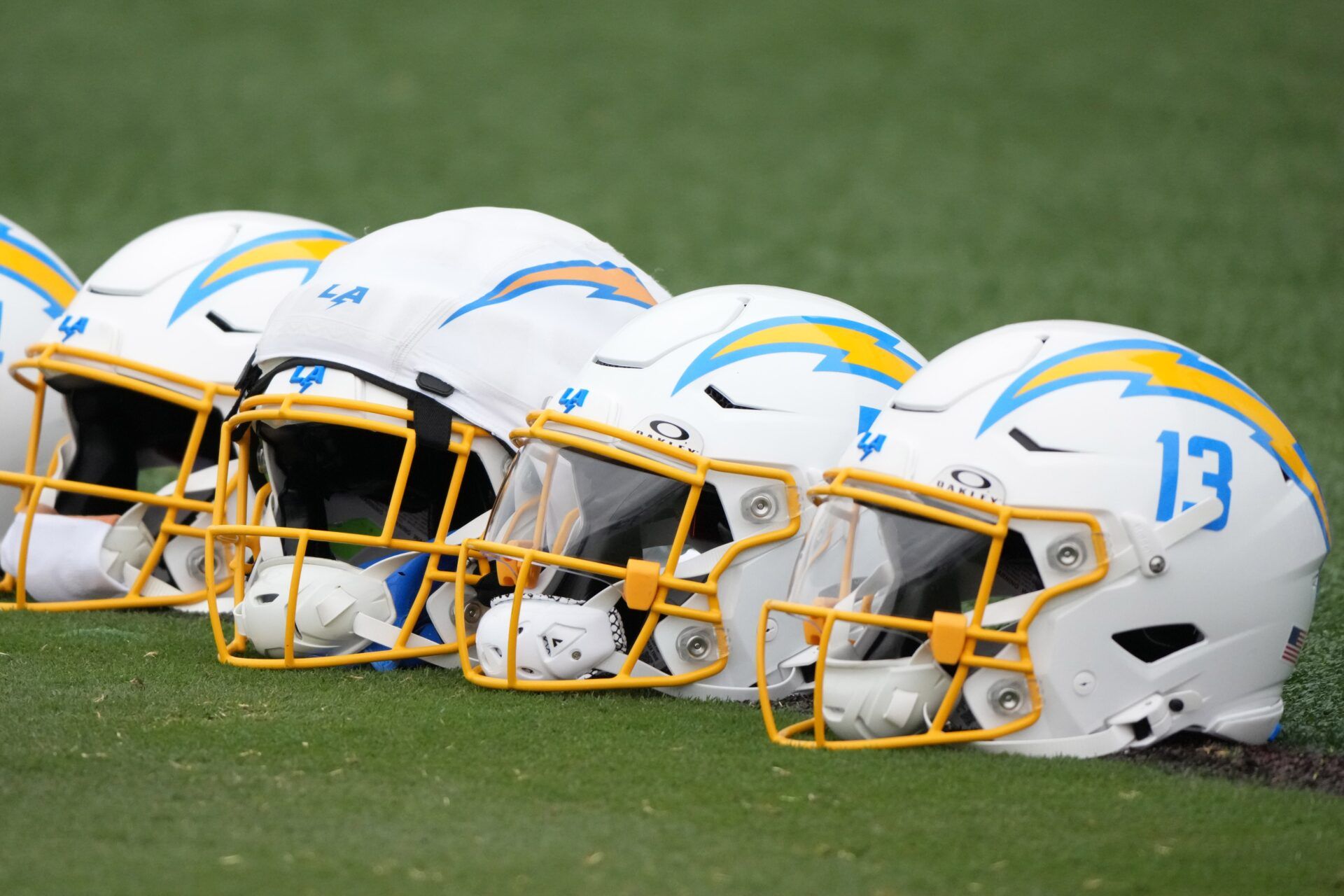 Los Angeles Chargers helmets at training camp at The Bolt.