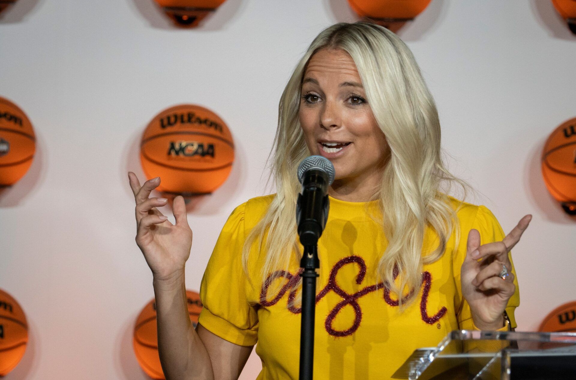 Molly Miller (ASU women’s basketball head coach) speaks during the NCAA Women's Final Four Countdown clock unveiling at Phoenix Sky Harbor Terminal 4 on Aug. 19, 2025.