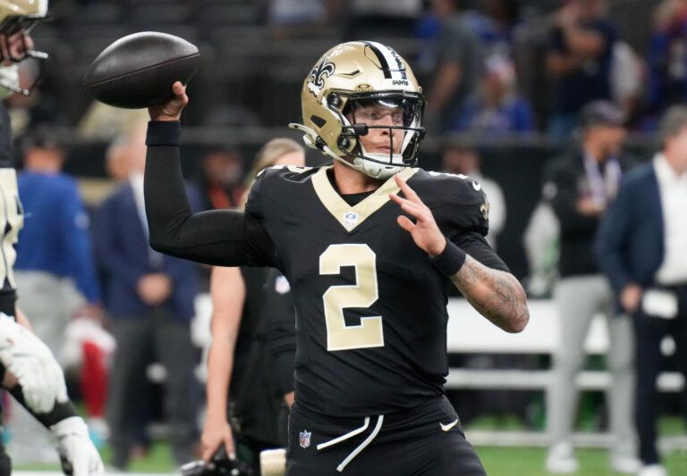 New Orleans Saints quarterback Spencer Rattler (2) warms up prior to the game against the New York Giants at Caesars Superdome.