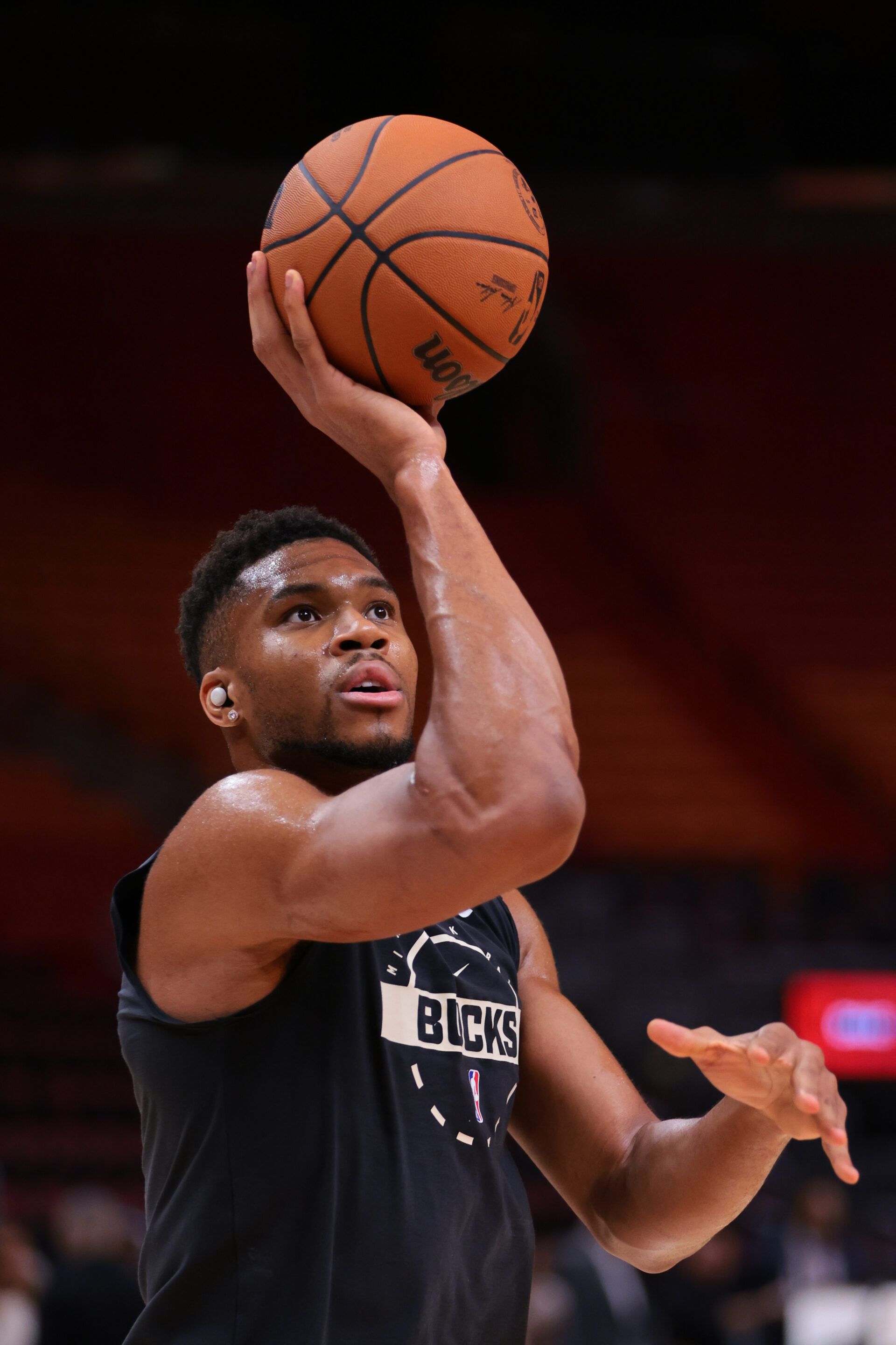 Milwaukee Bucks forward Giannis Antetokounmpo (34) warms up before the game against the Miami Heat at Kaseya Center.