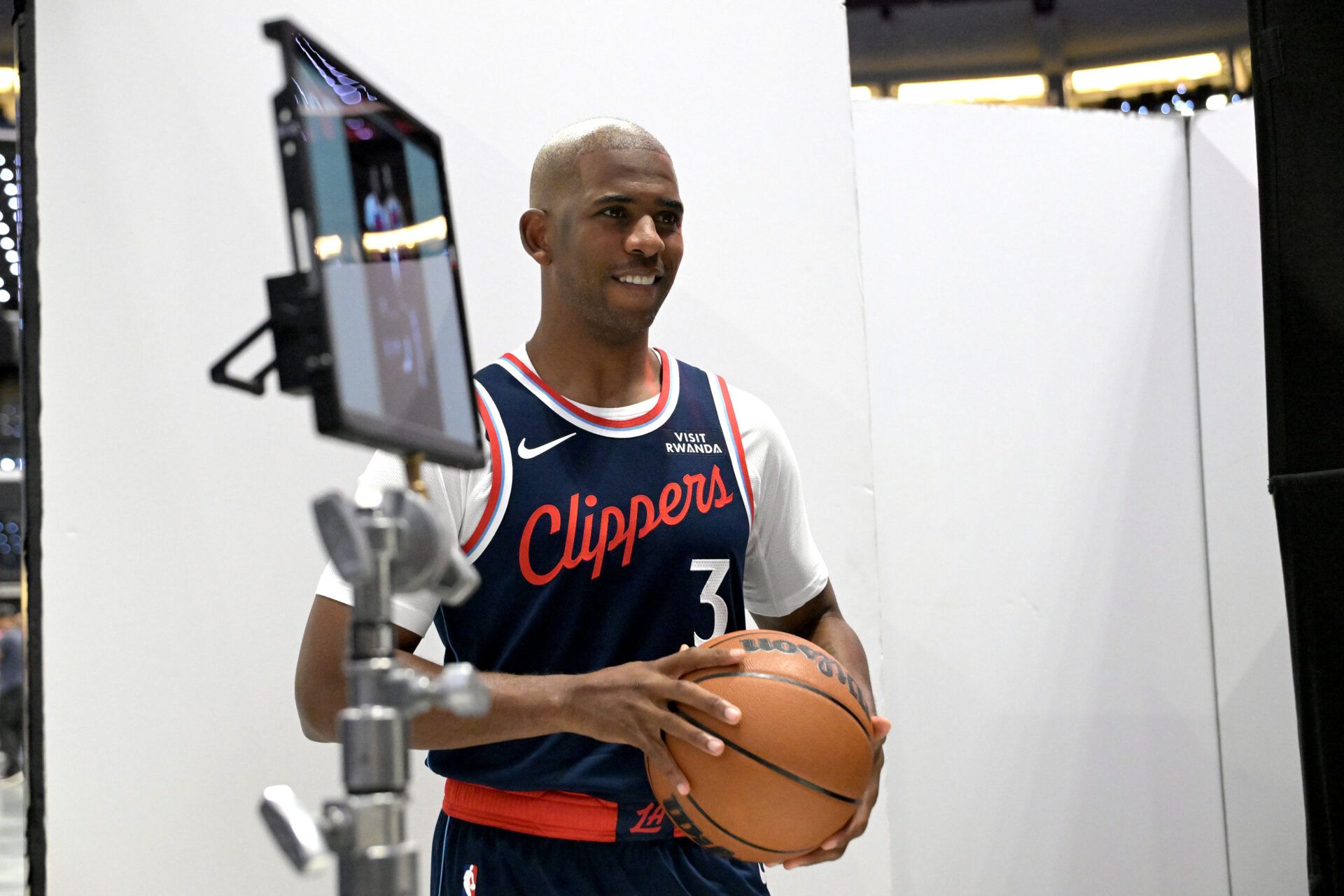 Los Angeles Clippers guard Chris Paul (3) poses during media day at Intuit Dome.