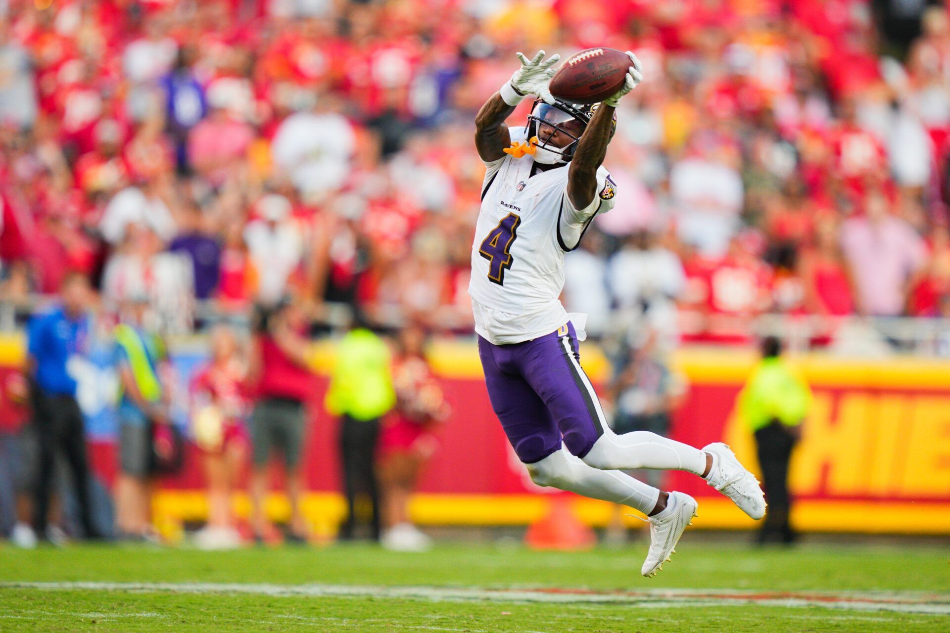 Baltimore Ravens wide receiver Zay Flowers (4) makes a catch during the fourth quarter against the Kansas City Chiefs at GEHA Field at Arrowhead Stadium.