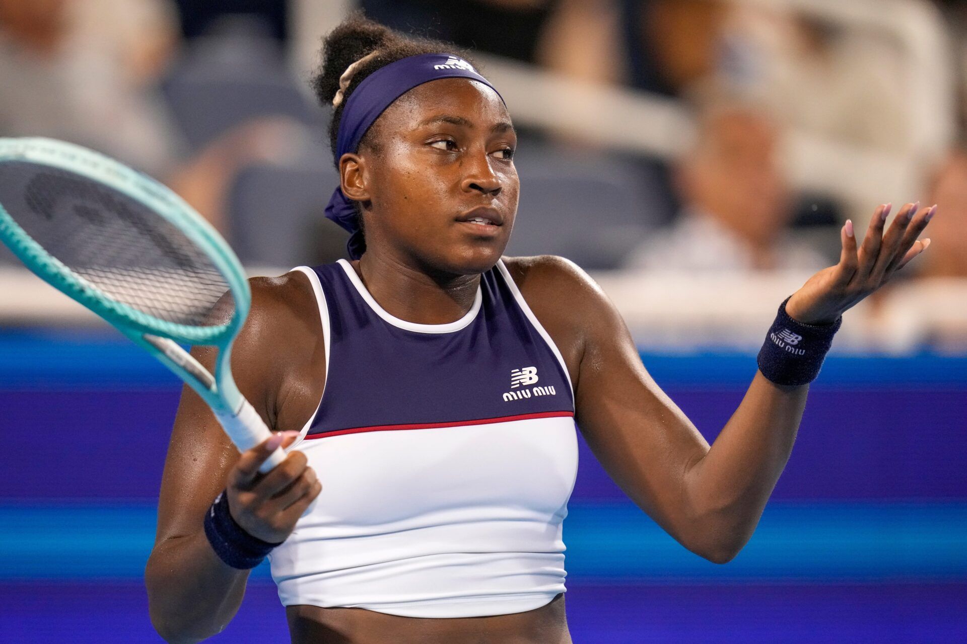 Coco Gauff reacts in the Cincinnati Open quarterfinal match between Coco Gauff and Jasmine Paolini at the Lindner Family Tennis Center in Mason, Ohio, on Friday, Aug. 15, 2025. Paolini won 2-6, 6-4, 6-3.