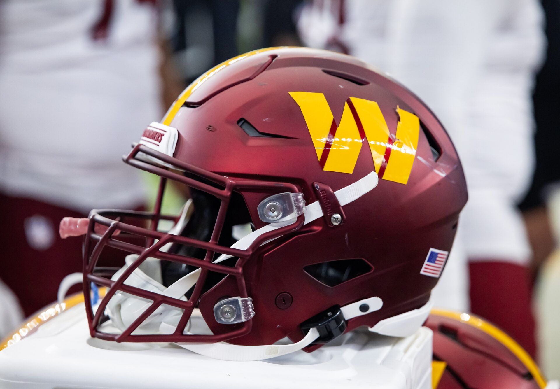 Detailed view of a Washington Commanders helmet at State Farm Stadium.