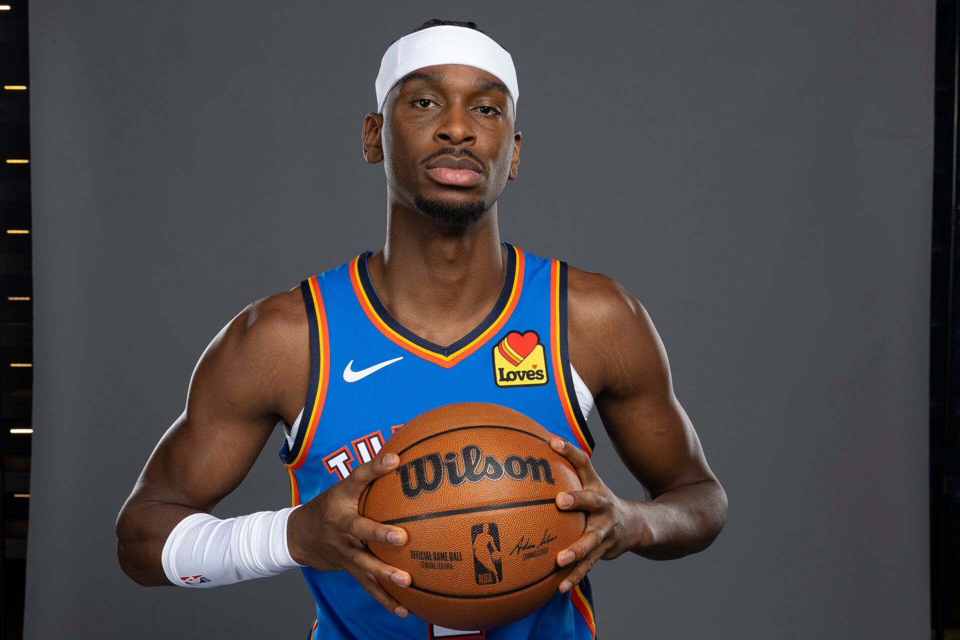 Oklahoma City Thunder guard Shai Gilgeous-Alexander poses for a photo during the 2025 Oklahoma City Thunder media day at Paycom Center.