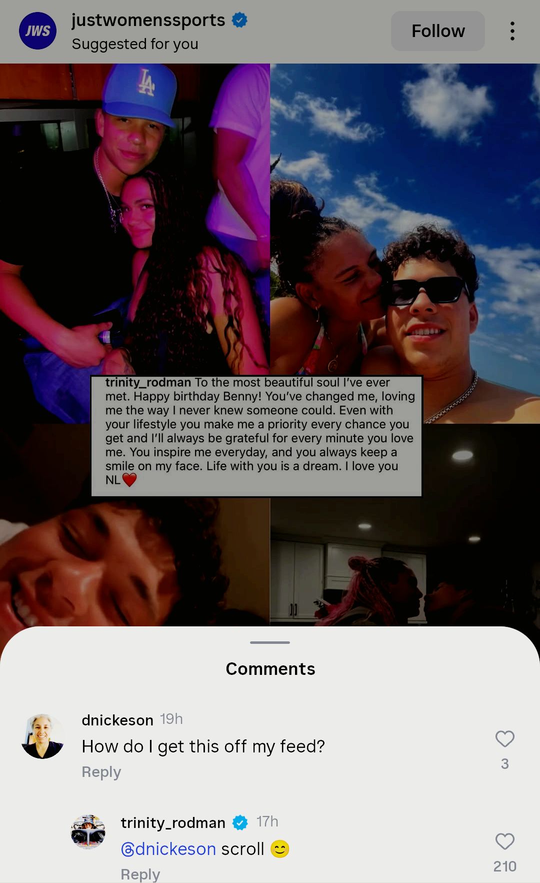 Screen grab of Ben Shelton's girlfriend Trinity Rodman's comment