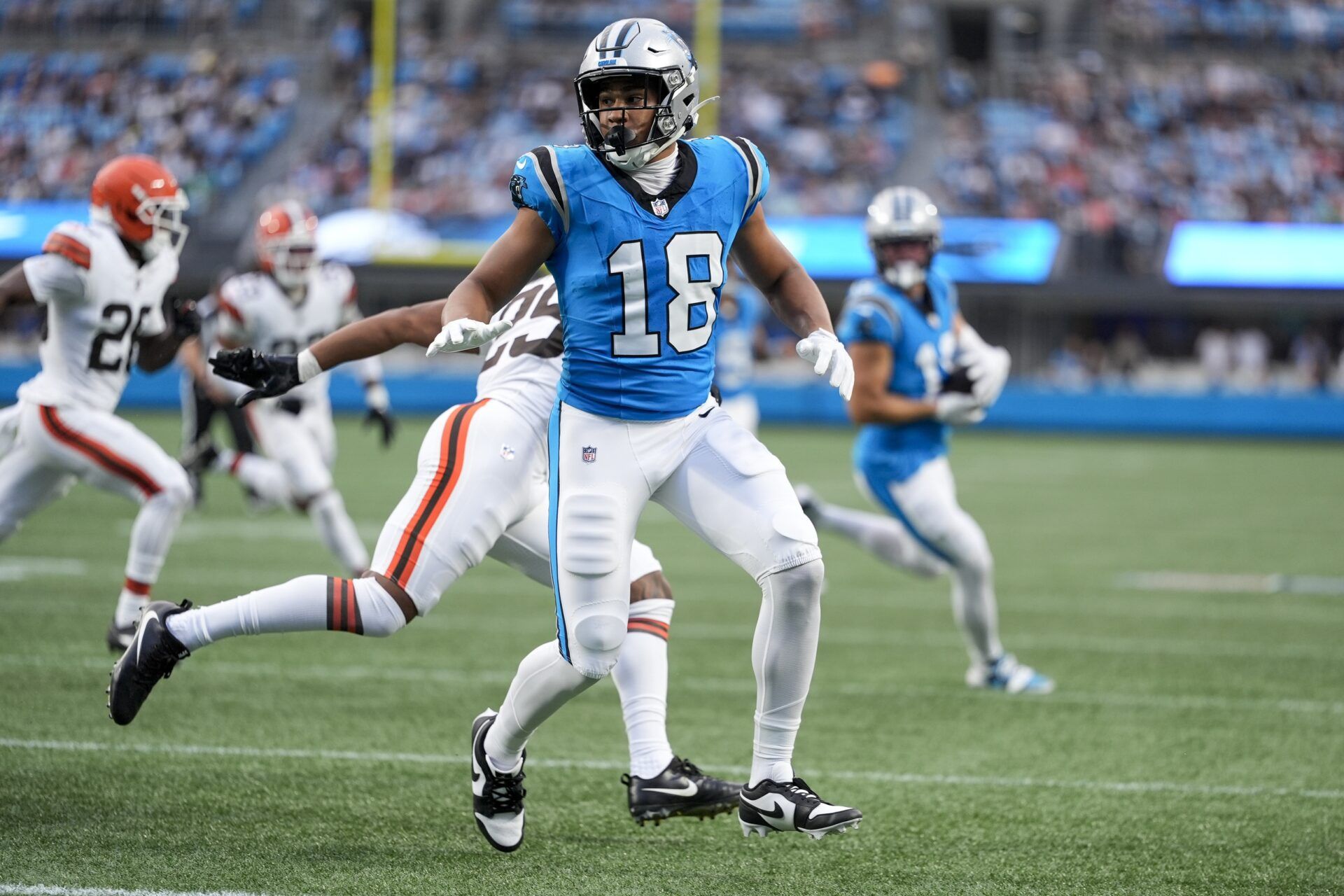 Carolina Panthers wide receiver Jalen Coker (18) during the first quarter against the Cleveland Browns at Bank of America Stadium.