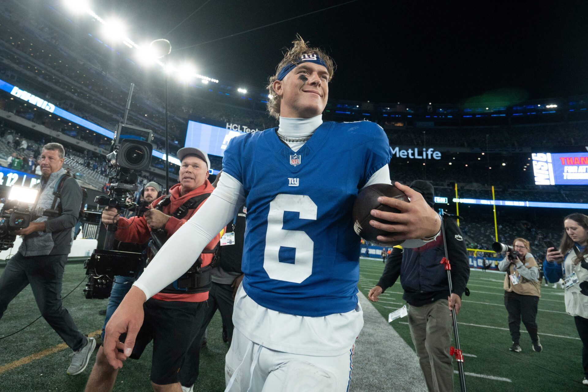 New York Giants quarterback Jaxson Dart (6) walks off the field after winning a Thursday Night Football game between the New York Giants and the Philadelphia Eagles at MetLife Stadium in East Rutherford on Oct. 9, 2025.