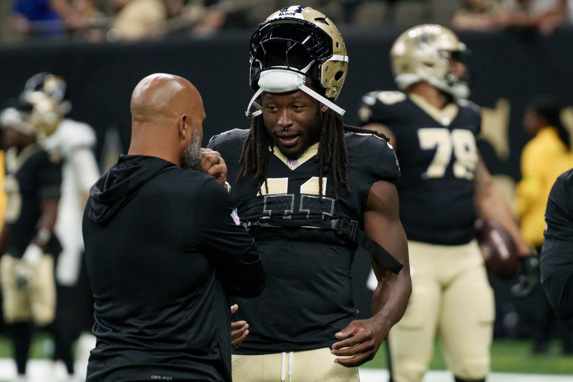 New Orleans Saints running back Alvin Kamara (41) warms up before a game against the Jacksonville Jaguars at Caesars Superdome.