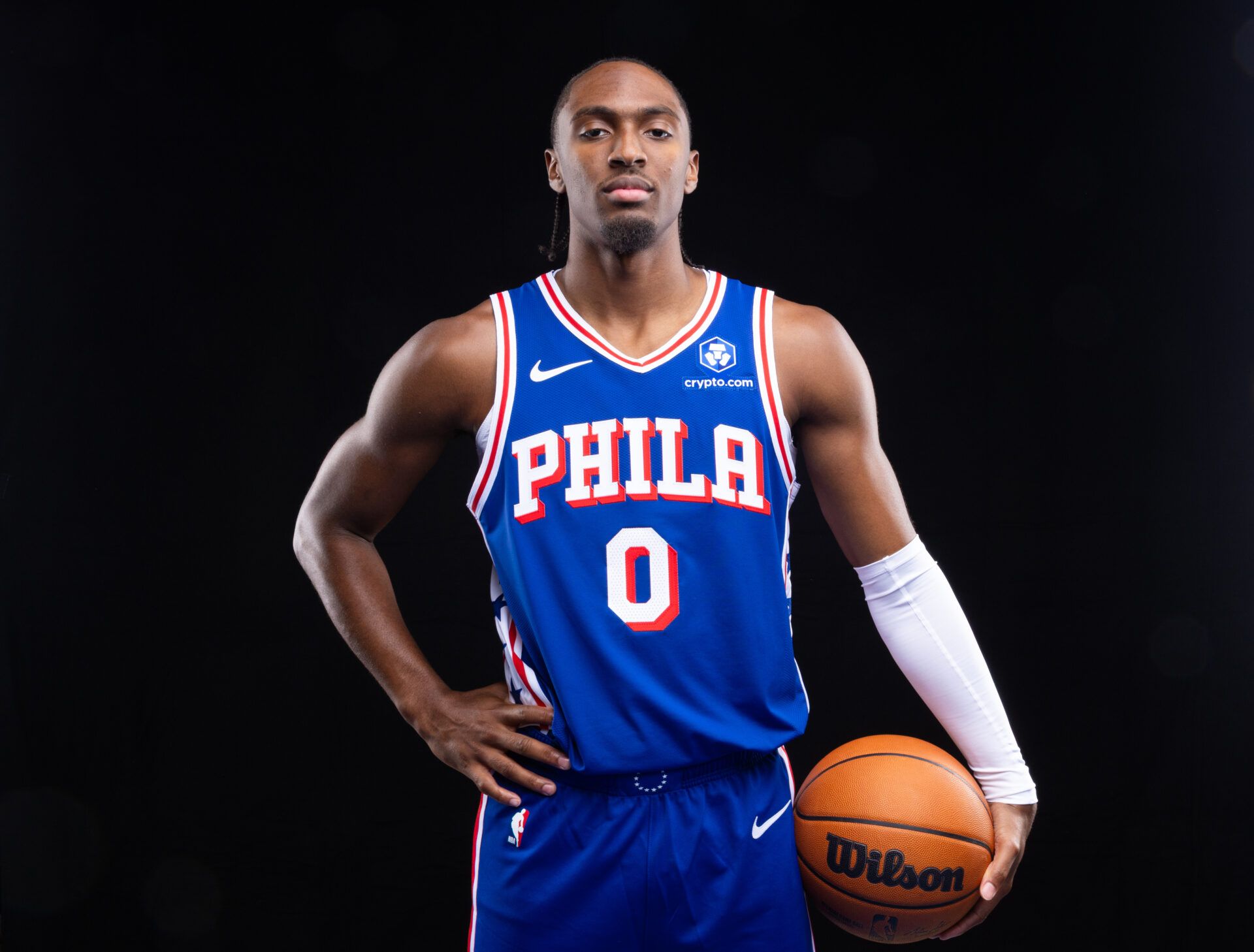 Philadelphia 76ers Tyrese Maxey poses for a photo during media day.