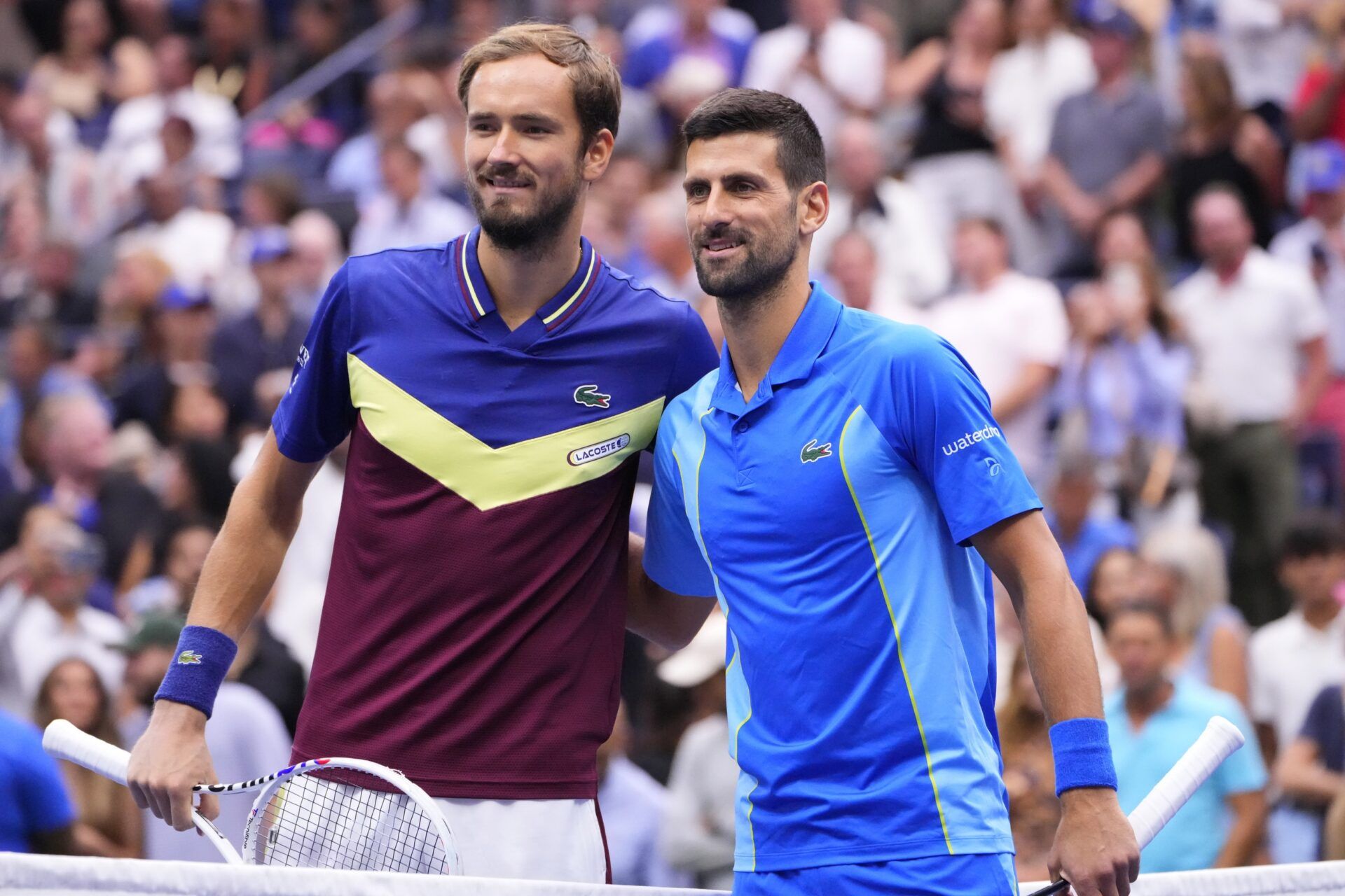 (L-R) Daniil Medvedev and Novak Djokovic of Serbia pose for a picture prior to their match in the men's singles finalon day fourteen of the 2023 U.S. Open tennis tournament at USTA Billie Jean King National Tennis Center.