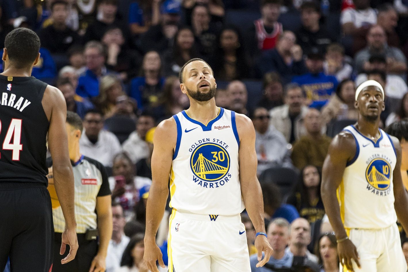 Golden State Warriors guard Stephen Curry (30) reacts during the second quarter against the Portland Trail Blazers at Chase Center.