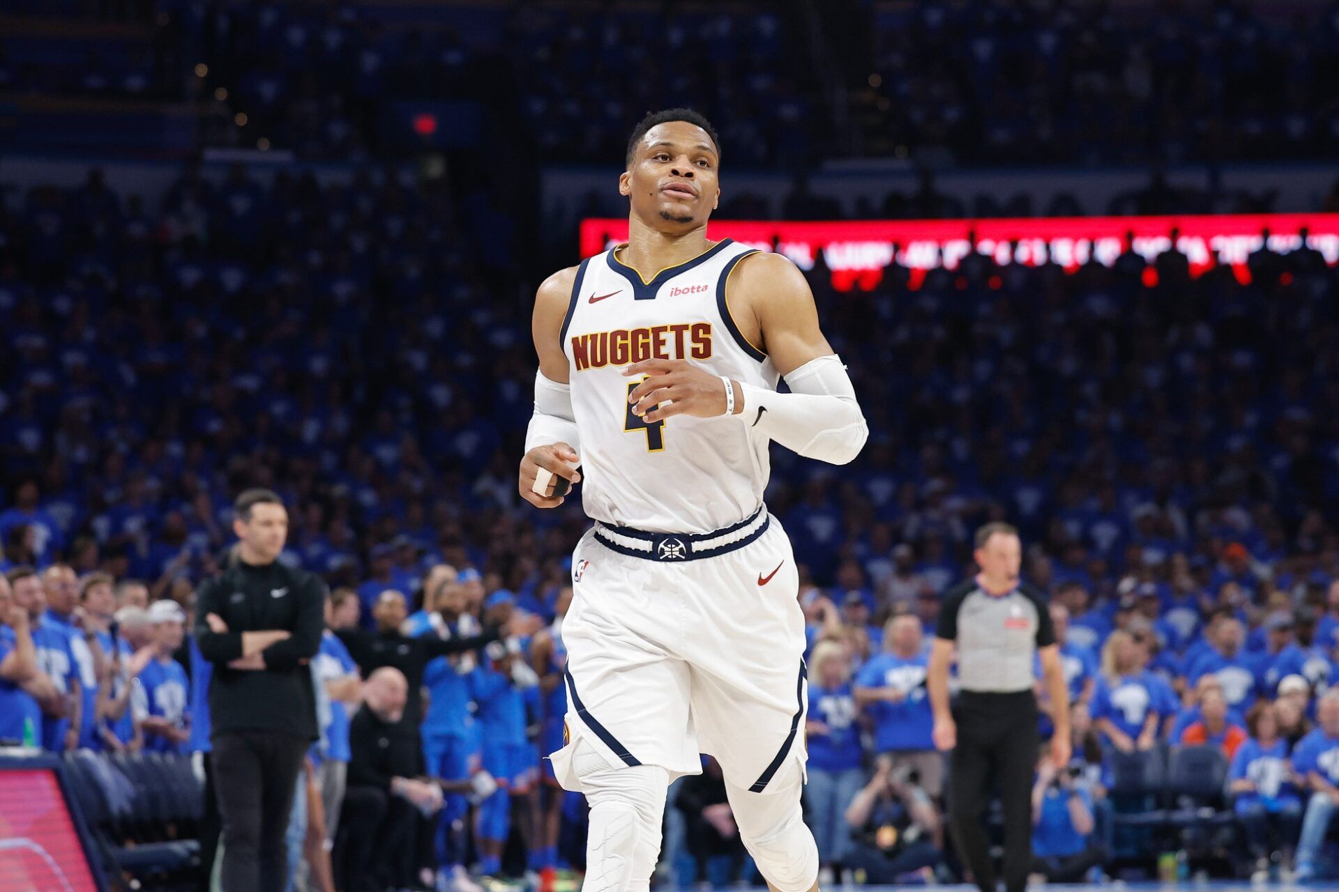 Denver Nuggets guard Russell Westbrook (4) runs down the court against the Oklahoma City Thunder in the second quarter during game seven of the second round for the 2025 NBA Playoffs at Paycom Center.