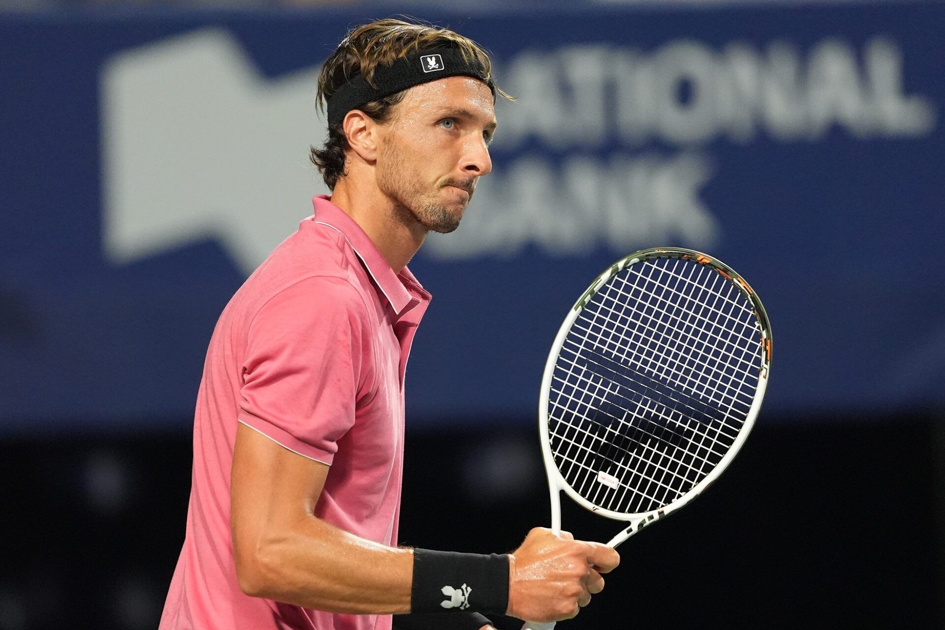 Toronto, ON, Canada; Arthur Rinderknech (FRA) reacts after winning a point against Alexis Galarneau (not pictured) during first round play at Sobeys Stadium.