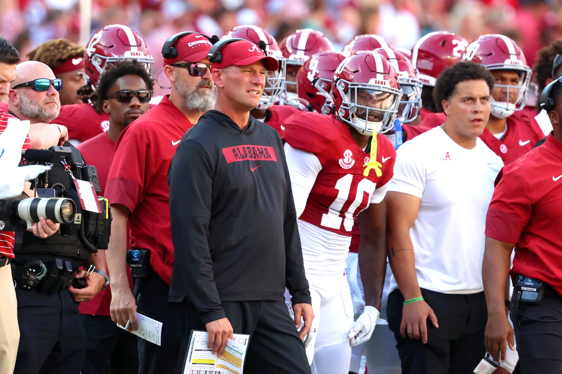 Alabama Crimson Tide head coach Kalen DeBoer watches from the sidelines during the second quarter against the Vanderbilt Commodores at Saban Field at Bryant-Denny Stadium.