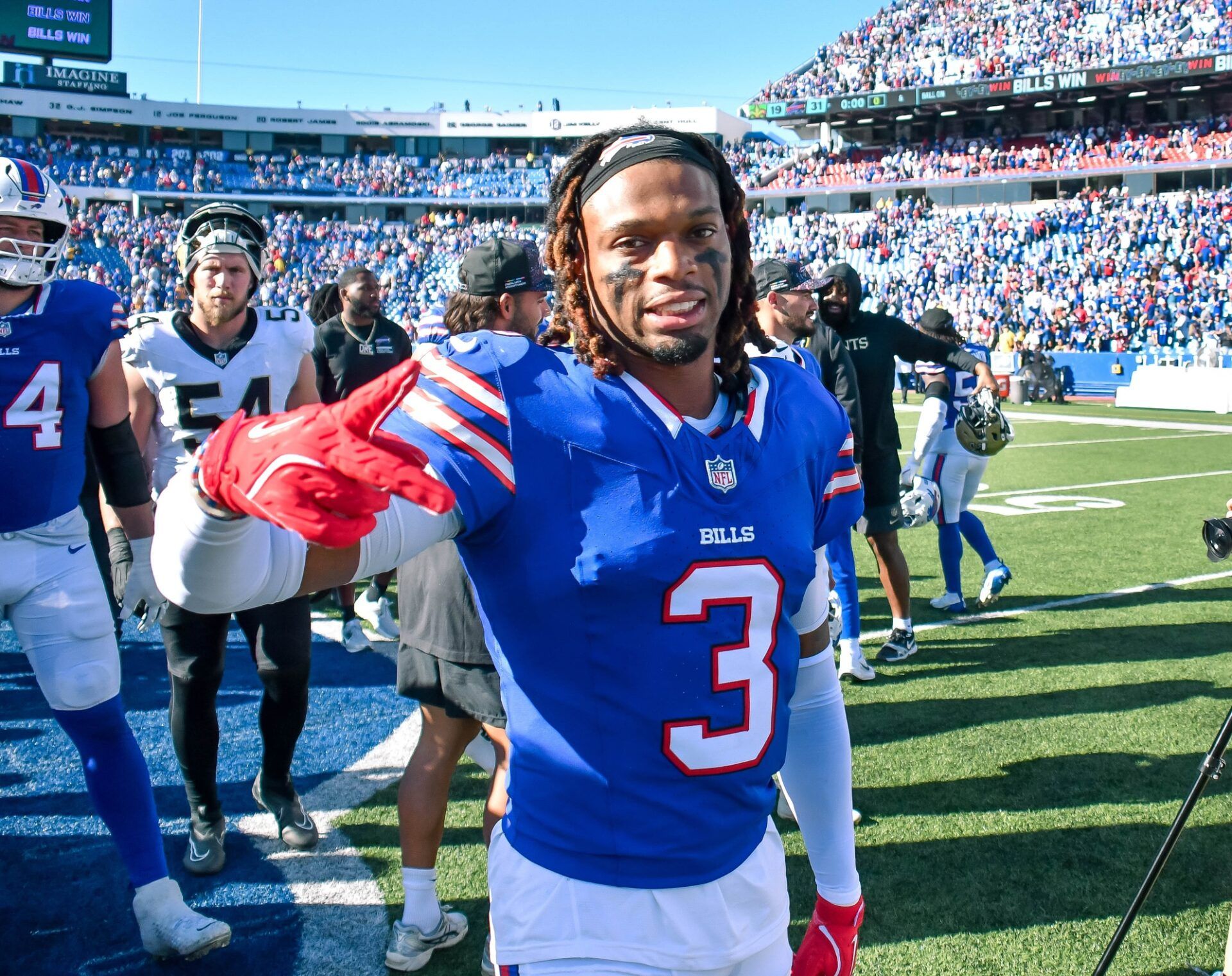 Buffalo Bills safety Damar Hamlin (3) on the field after a game against the New Orleans Saints at Highmark Stadium.