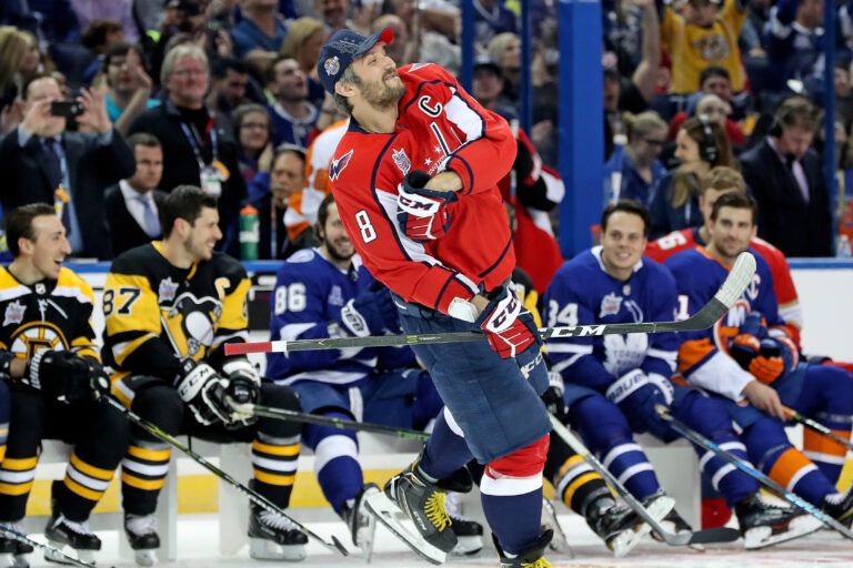 Metropolitan Division forward Alexander Ovechkin (8) of the Washington Capitals celebrates winning the the hardest shot competition of the 2018 NHL All Star Game skills competition at Amalie Arena.