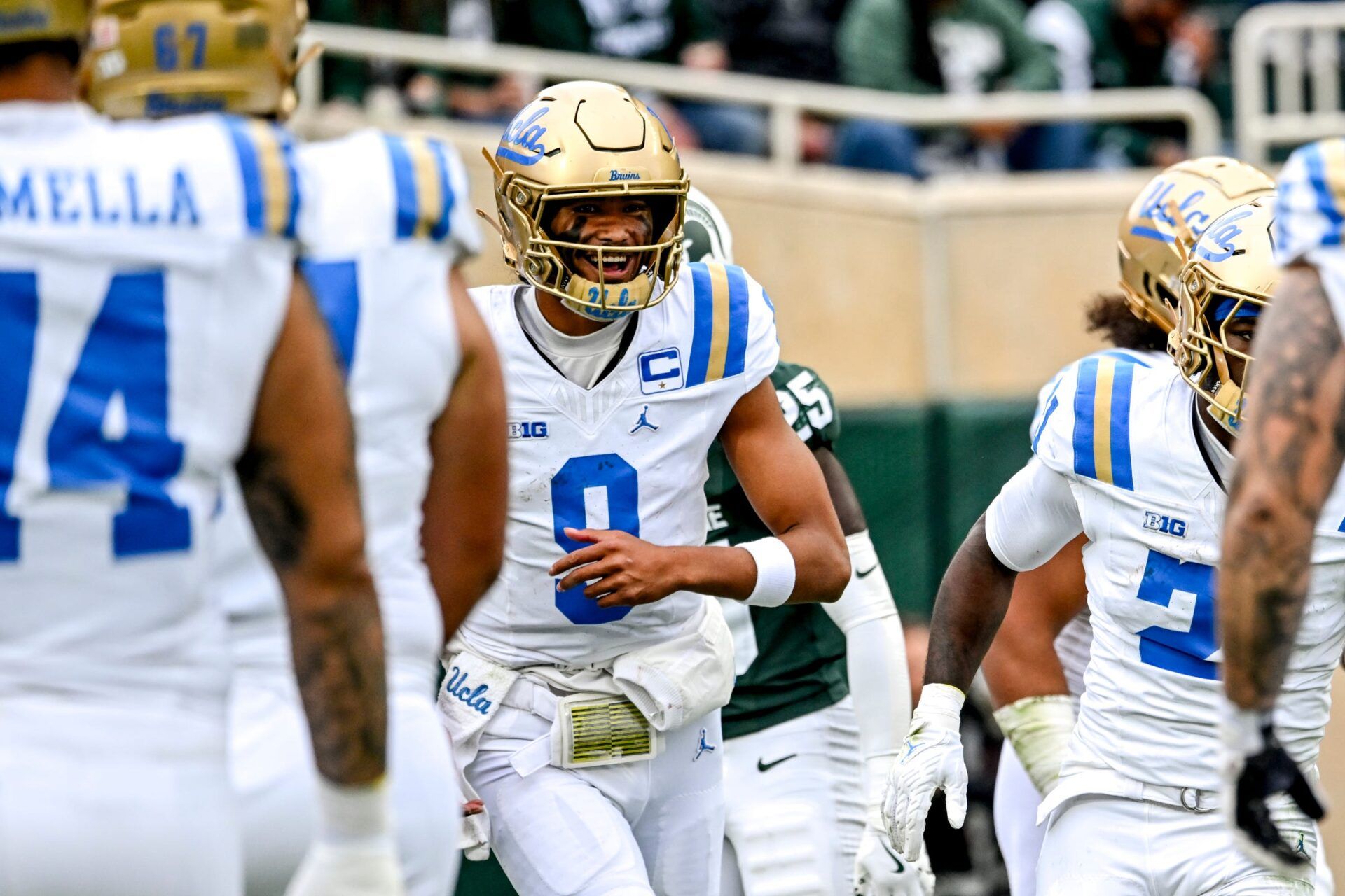 UCLA's Nico Iamaleava celebrates after Jaivian Thomas' touchdown against Michigan State during the third quarter on Saturday, Oct. 11, 2025, at Spartan Stadium in East Lansing.
