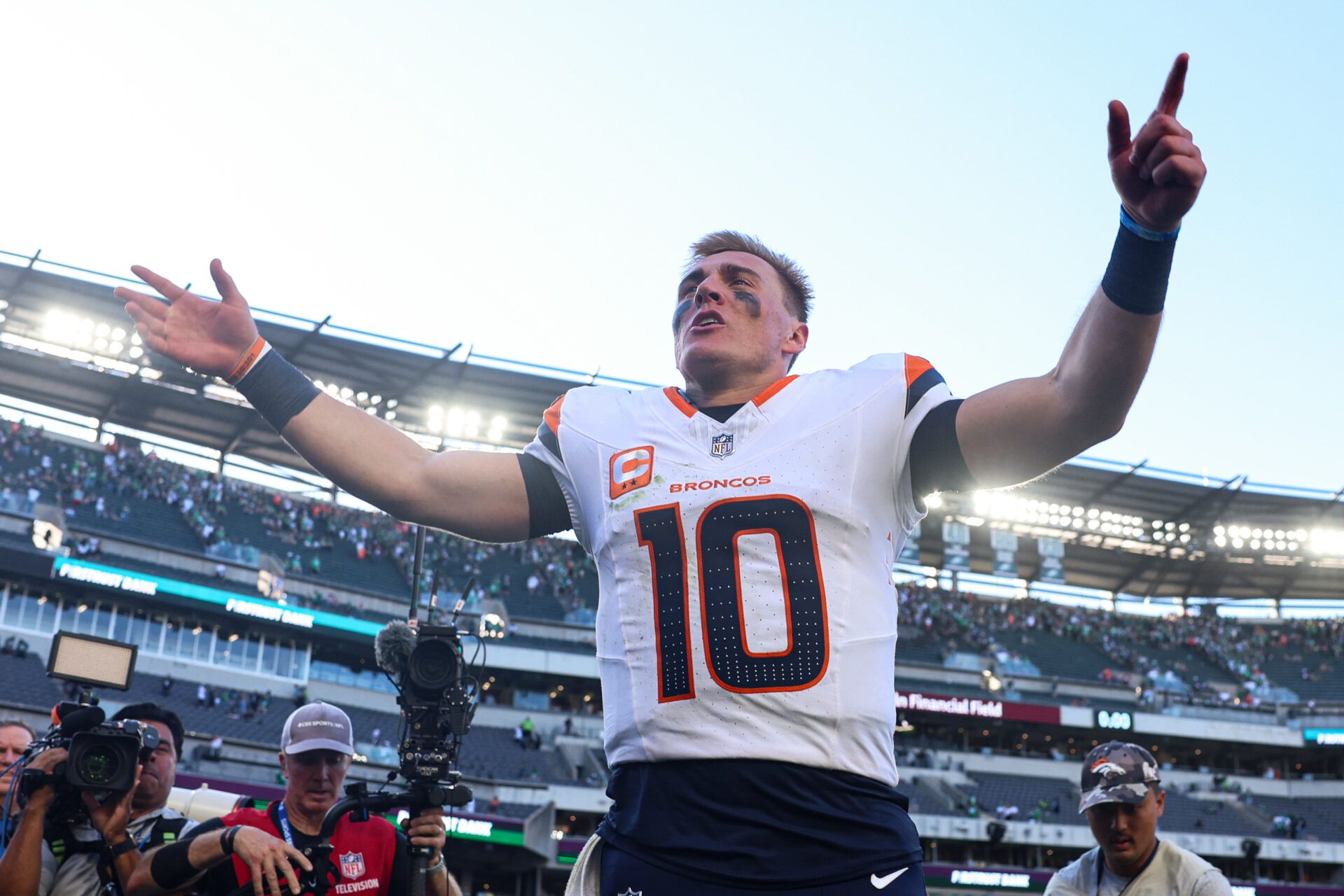 Denver Broncos quarterback Bo Nix (10) reacts as he walks off the field after a victory against the Philadelphia Eagles at Lincoln Financial Field.