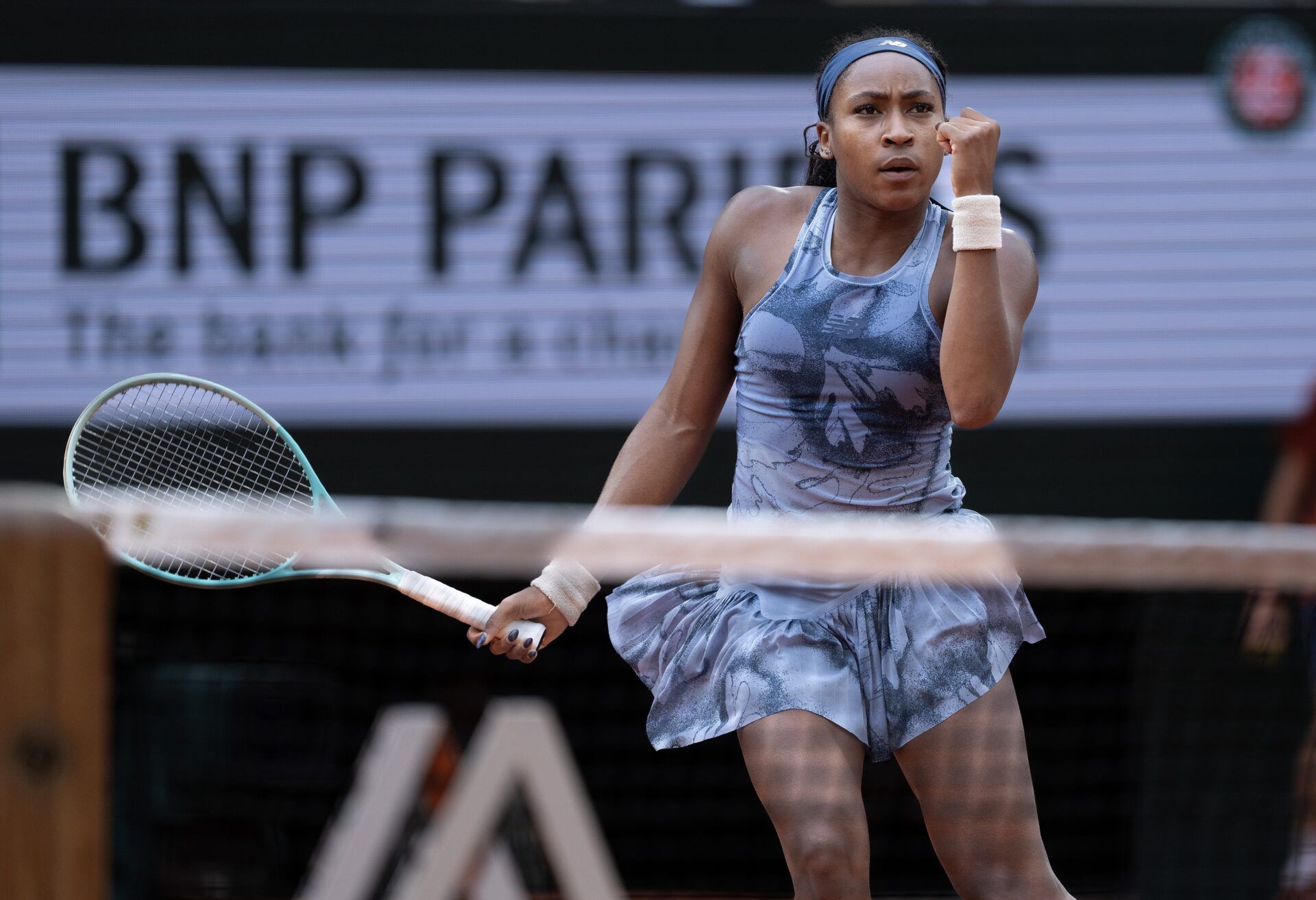 Coco Gauff of the United States reacts to a point during the womenÕs singles final against Aryna Sabalenka on day 14 at Roland Garros Stadium.