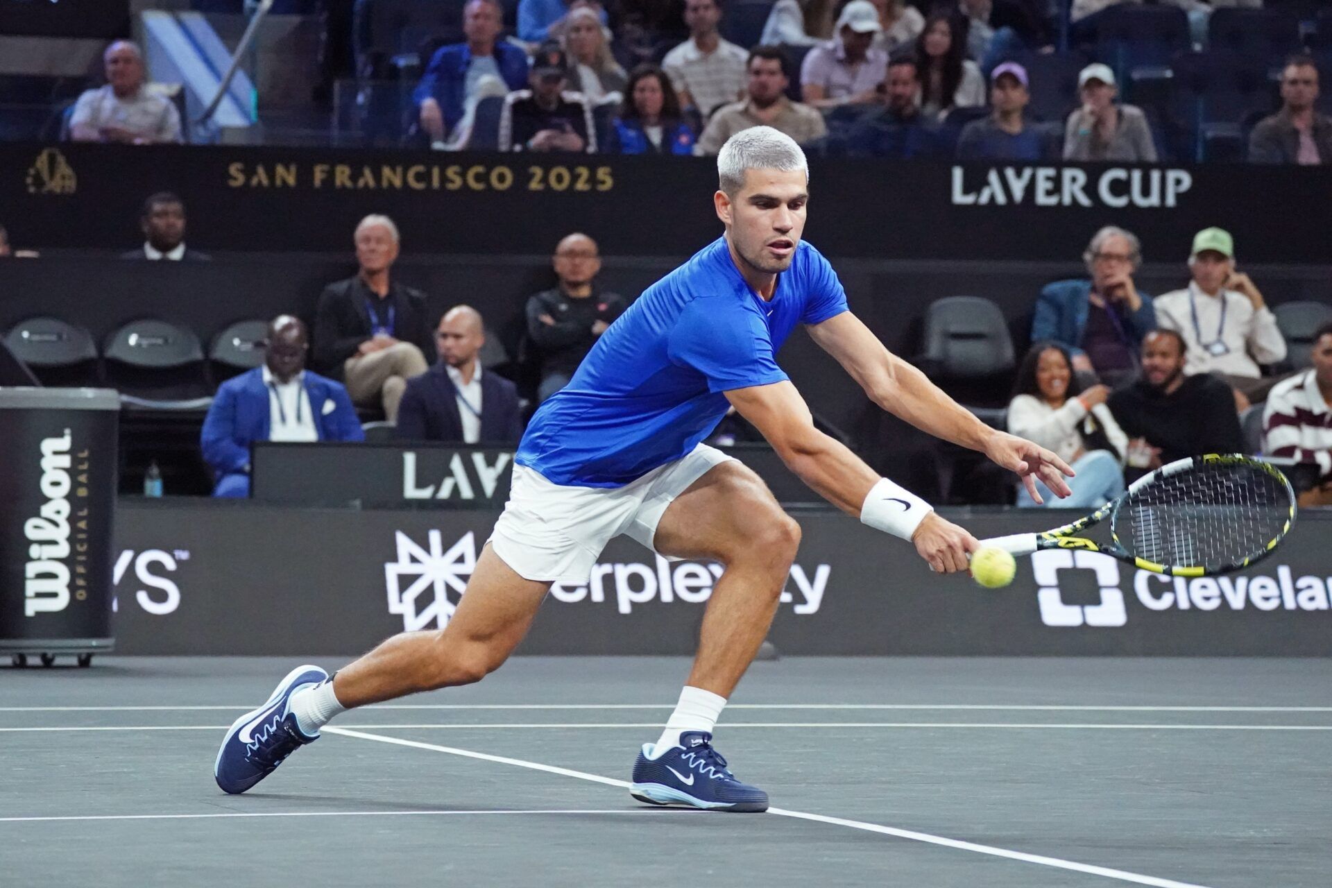 Team Europe player Carlos Alcaraz hits a volley during his doubles match against Team World in match four of the Laver Cup at Chase Center.