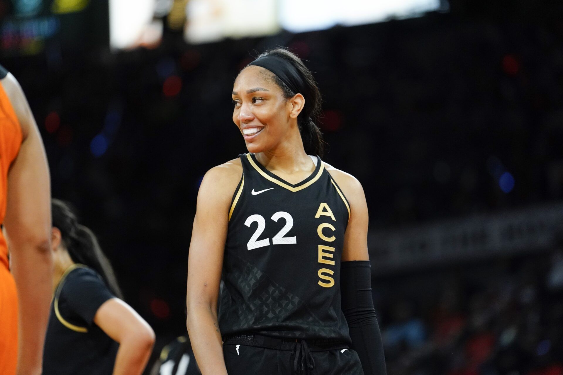 Las Vegas Aces forward Aja Wilson (22) smiles during the fourth quarter against the Connecticut Sun in game one of the 2022 WNBA Finals at Michelob Ultra Arena.
