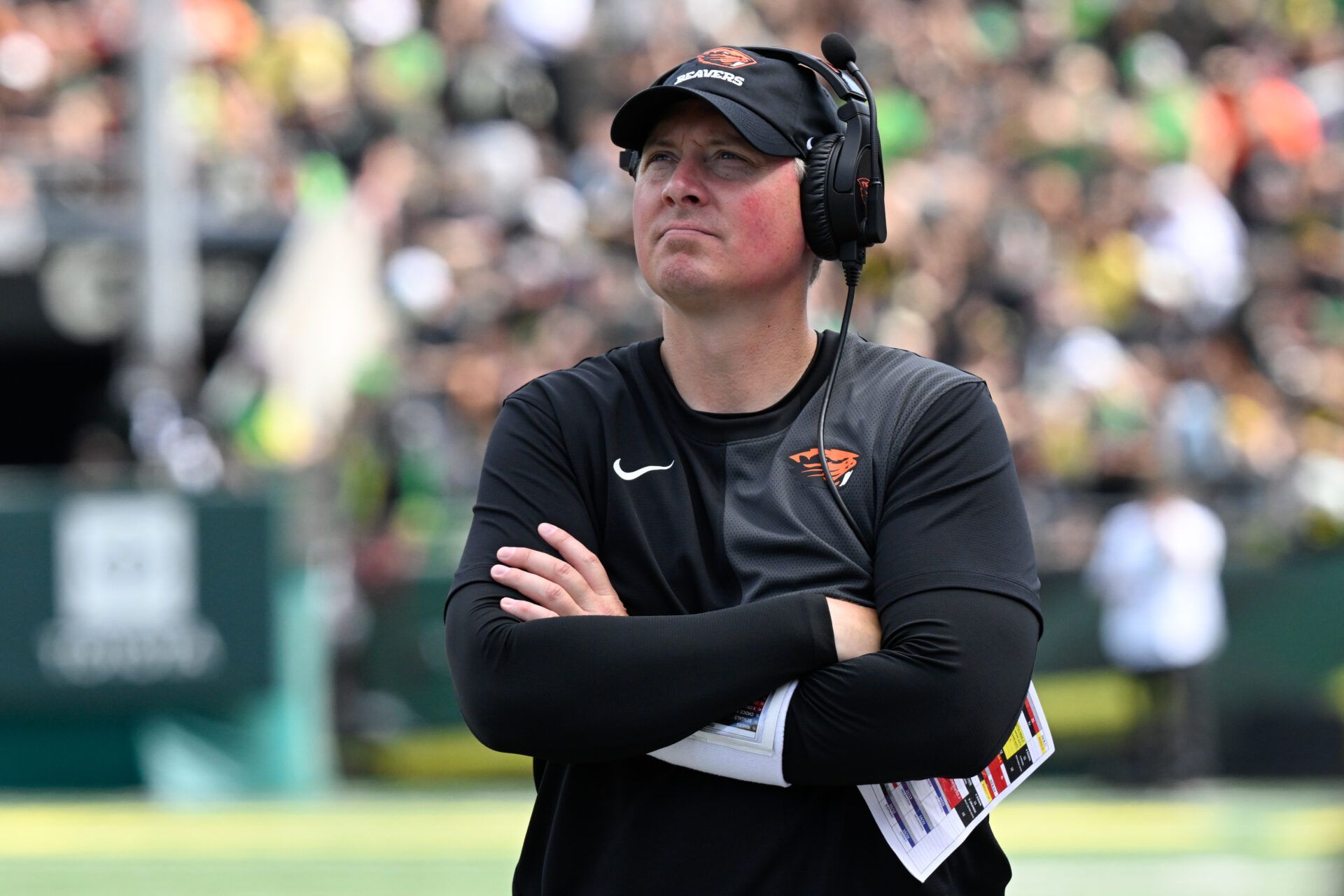 Oregon State Beavers head coach Trent Bray looks on during the second quarter of the game against the Oregon Ducks at Autzen Stadium.