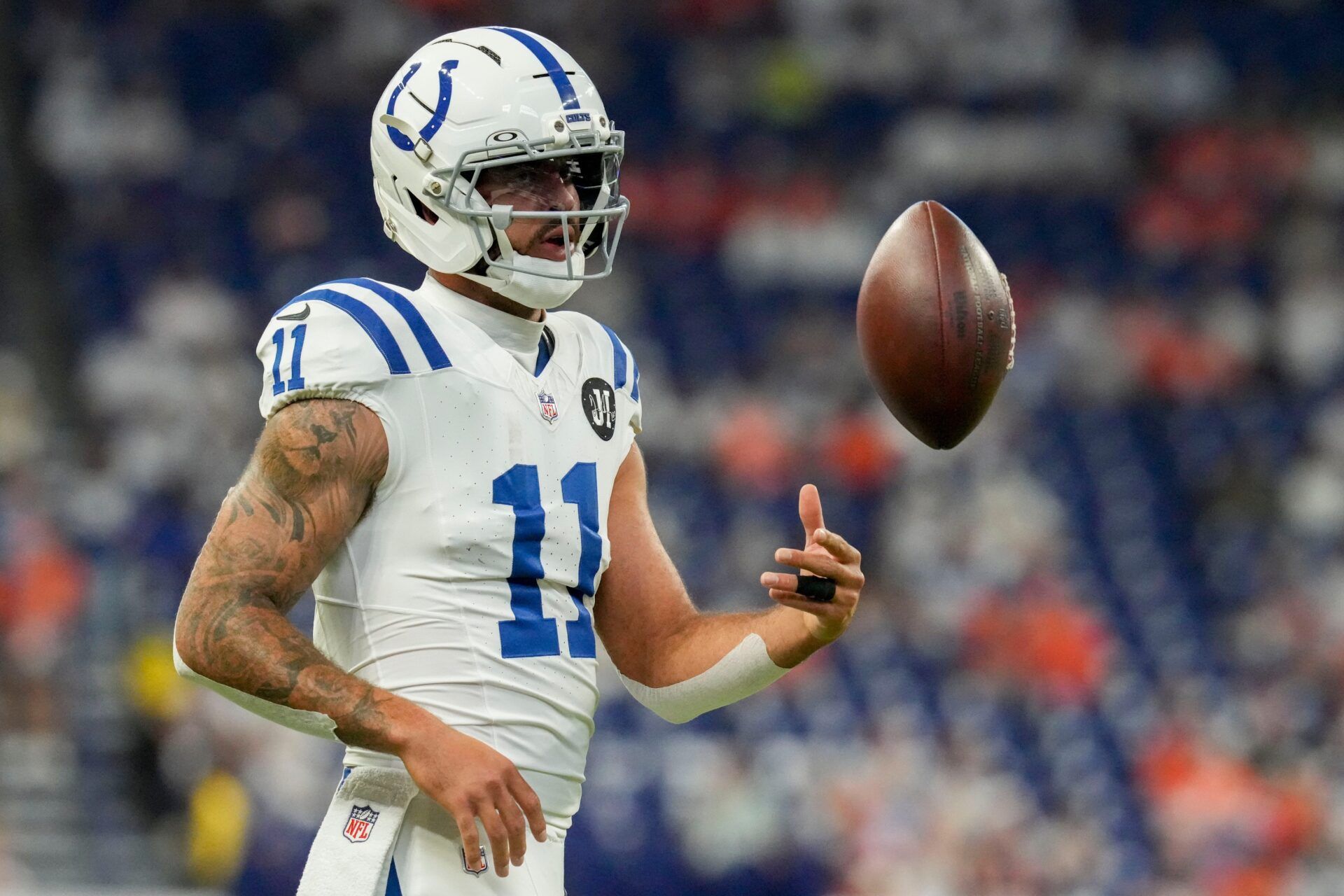 Indianapolis Colts wide receiver Michael Pittman Jr. (11) warms up Sunday, Sept. 14, 2025, ahead of a game against the Denver Broncos at Lucas Oil Stadium in Indianapolis.