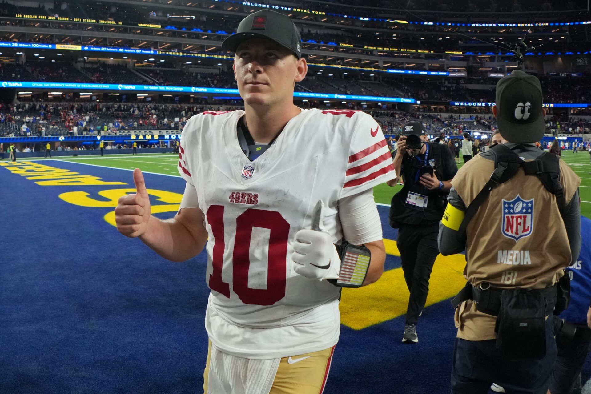 San Francisco 49ers quarterback Mac Jones (10) reacts after the game against the Los Angeles Rams at SoFi Stadium.