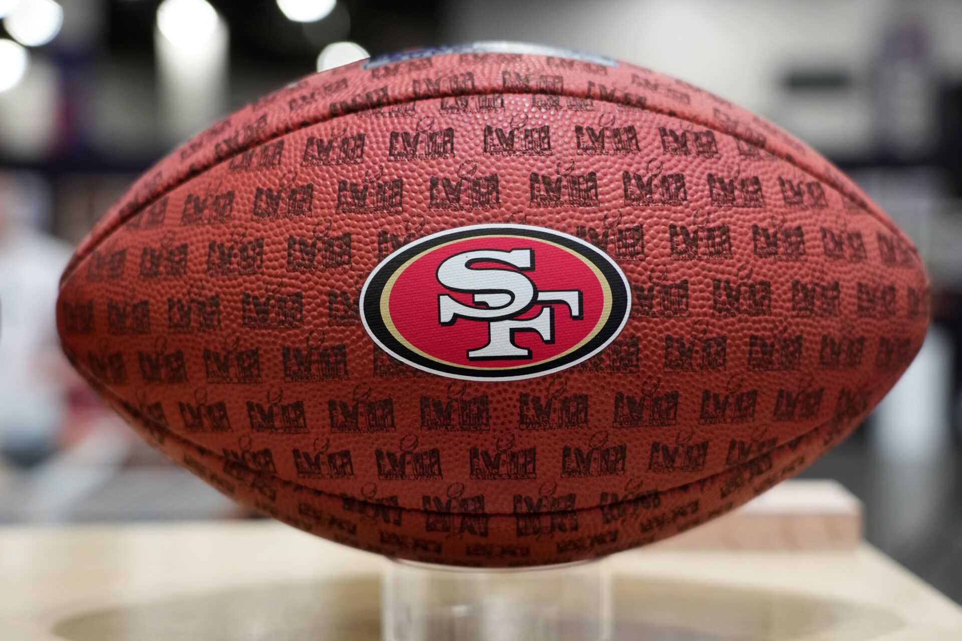 A football with a San Francisco 49ers logo at the NFL Experience at the Mandalay Bay South Convention Center.