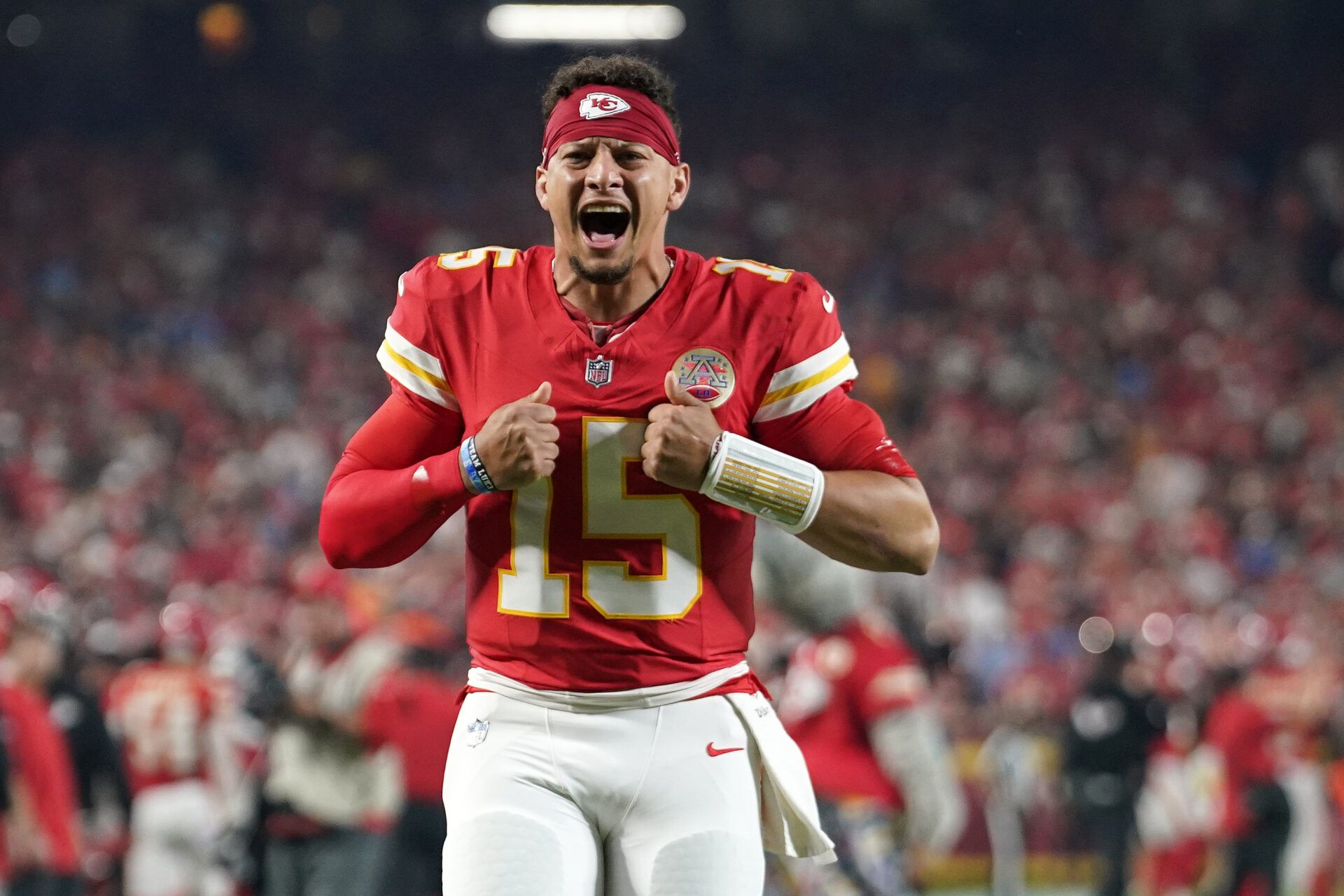 Kansas City Chiefs quarterback Patrick Mahomes (15) reacts before the game at GEHA Field at Arrowhead Stadium.